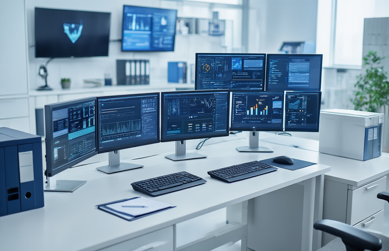 Create a realistic image of a modern healthcare office environment showcasing automated administrative processes with multiple computer monitors displaying digital dashboards, automated workflow systems, and data management interfaces, a sleek desk with wireless keyboards and modern technology equipment, filing cabinets being replaced by digital storage systems, robotic process automation symbols or icons visible on screens, clean white and blue color scheme typical of healthcare settings, bright professional lighting, organized and efficient workspace atmosphere, absolutely NO text should be in the scene.