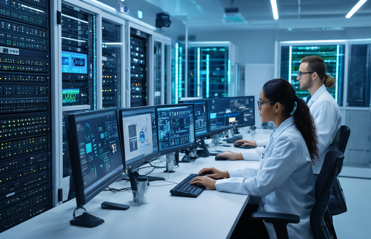Create a realistic image of a modern hospital IT security control room with multiple computer monitors displaying encrypted data dashboards, cybersecurity alerts, and compliance status indicators, featuring a white male IT security specialist and a black female compliance officer working at high-tech workstations with biometric scanners and access control panels, surrounded by server racks with blinking LED lights, digital locks, and security cameras, set against a clean, professional background with blue and green ambient lighting that emphasizes the secure, high-tech atmosphere, absolutely NO text should be in the scene.
