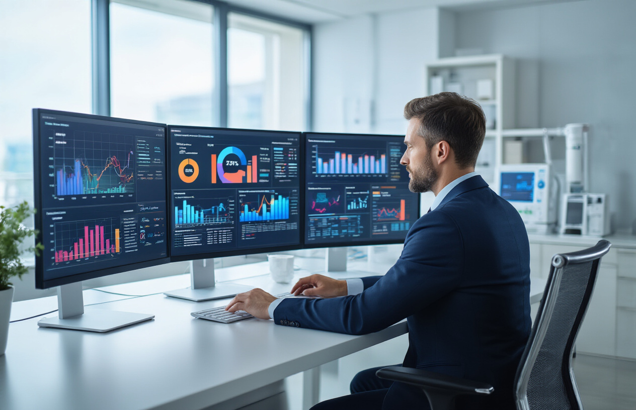 Create a realistic image of a modern healthcare analytics dashboard displayed on multiple computer monitors showing colorful charts, graphs, and performance metrics including ROI calculations, with a white male healthcare administrator in a business suit analyzing the data while sitting at a sleek desk in a contemporary office setting with medical equipment visible in the background, professional lighting illuminating the workspace, conveying efficiency and data-driven decision making in healthcare management, absolutely NO text should be in the scene.