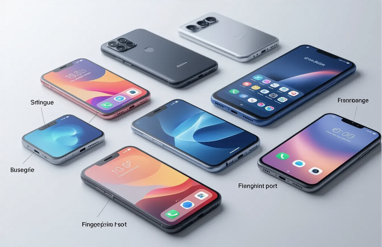 Create a realistic image of multiple budget smartphones arranged on a clean white surface with key feature callouts visible around them, including camera lenses, fingerprint sensors, charging ports, and display screens showing colorful interfaces, with soft professional lighting highlighting the devices' design details and build quality, shot from a slightly elevated angle to showcase the phones' premium appearance despite being affordable models, Absolutely NO text should be in the scene.