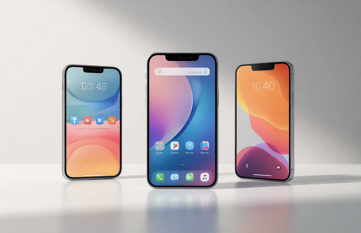 Create a realistic image of three modern smartphones displayed side by side on a clean white surface, showcasing their sleek designs with vibrant screens displaying colorful interface elements, set against a minimalist gradient background transitioning from light gray to white, with soft professional lighting creating subtle shadows beneath the devices, emphasizing their premium build quality and modern aesthetics, absolutely NO text should be in the scene.
