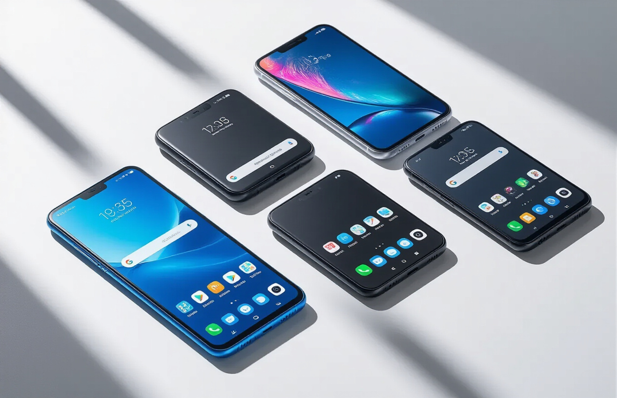 Create a realistic image of multiple Android smartphones arranged on a clean white surface, displaying various popular budget-friendly models with different screen sizes and colors including black, blue, and silver, with soft natural lighting from above creating gentle shadows, showcasing the devices at slightly different angles to highlight their design features and build quality, with a minimalist background that emphasizes the phones as the main focus, absolutely NO text should be in the scene.