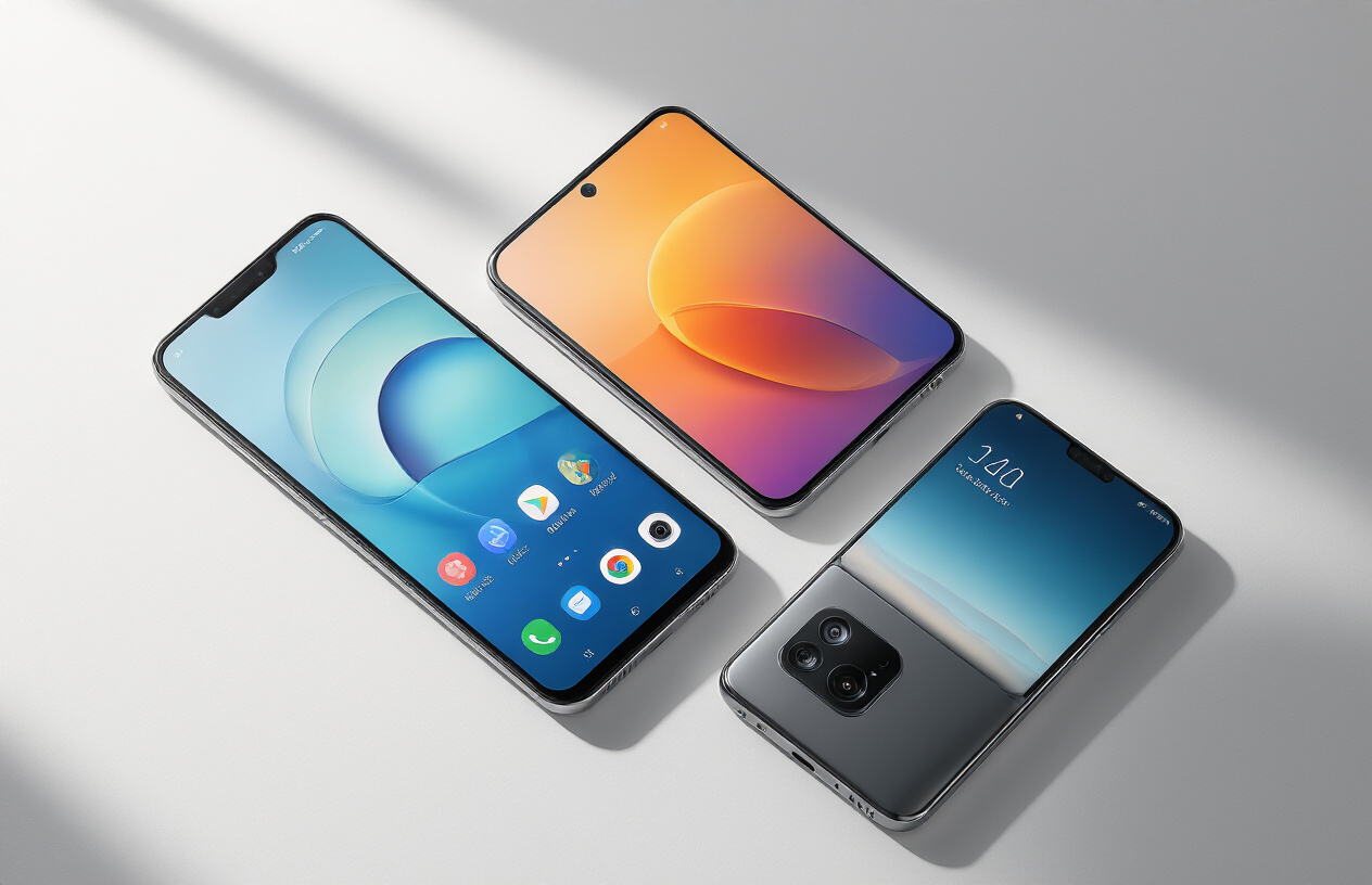 Create a realistic image of three premium Android smartphones elegantly arranged on a clean white surface with soft studio lighting, showing their sleek designs with curved edges and premium materials, one phone displaying a vibrant home screen, another showing the camera interface, and the third positioned at an angle to highlight its metallic finish, with subtle shadows creating depth and a minimalist background, conveying luxury and innovation, absolutely NO text should be in the scene.