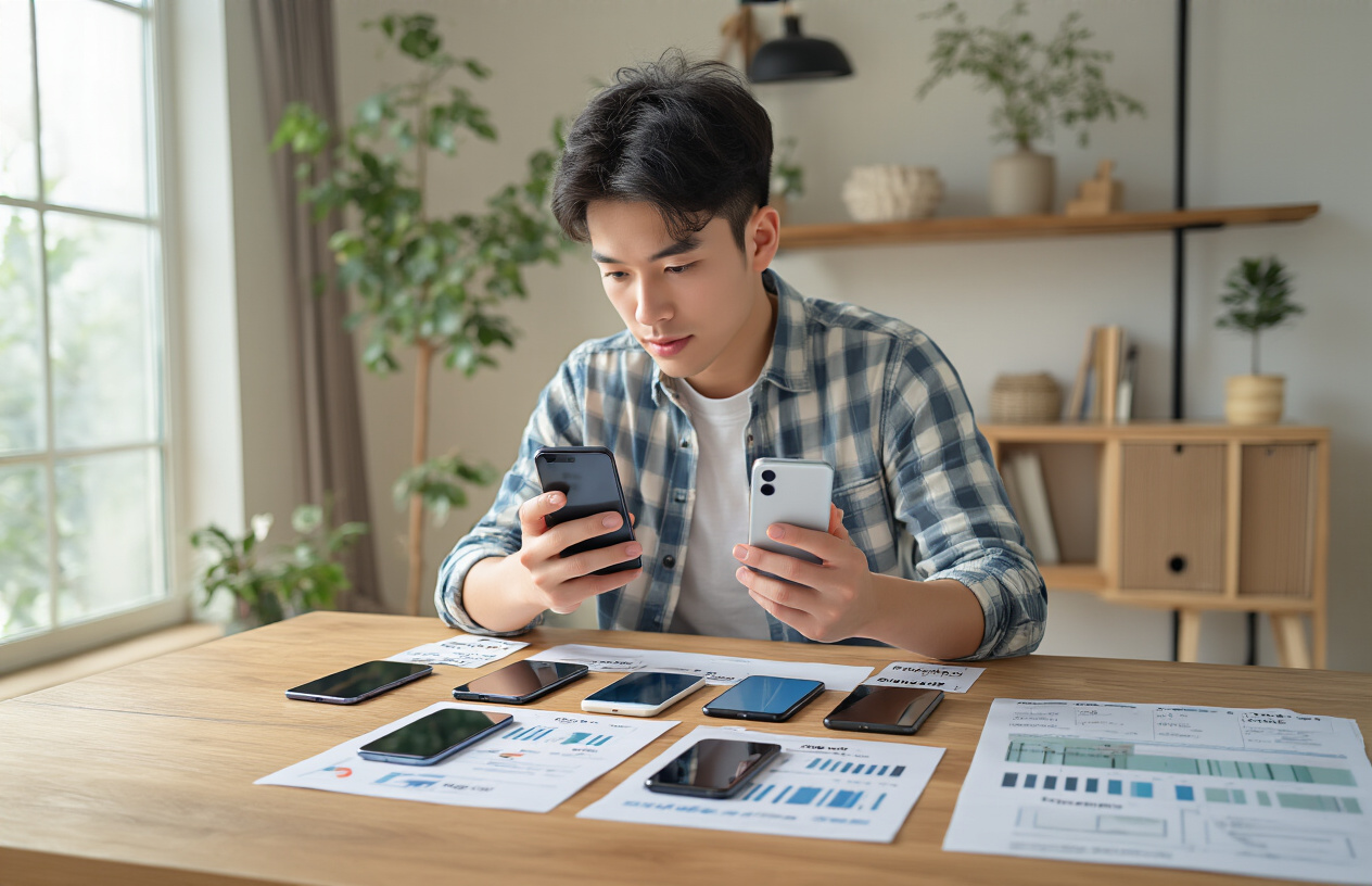 Create a realistic image of a young Asian male sitting at a modern wooden desk, carefully comparing multiple smartphones laid out in front of him, with price tags visible on each device, holding one phone in his hand while examining its features, surrounded by comparison charts and spec sheets on the desk, in a well-lit contemporary room with natural lighting from a window, creating a focused decision-making atmosphere, absolutely NO text should be in the scene.