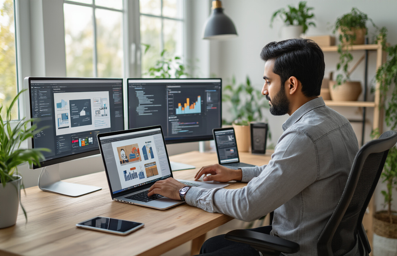 Create a realistic image of a modern home office setup showing digital service business concepts with a South Asian male professional working on a laptop at a clean wooden desk, multiple computer screens displaying web design mockups and digital marketing dashboards, smartphone and tablet devices nearby, a comfortable ergonomic chair, soft natural lighting from a window, plants in the background, and various digital service tools like graphic design software interfaces visible on screens, warm and professional atmosphere, absolutely NO text should be in the scene.