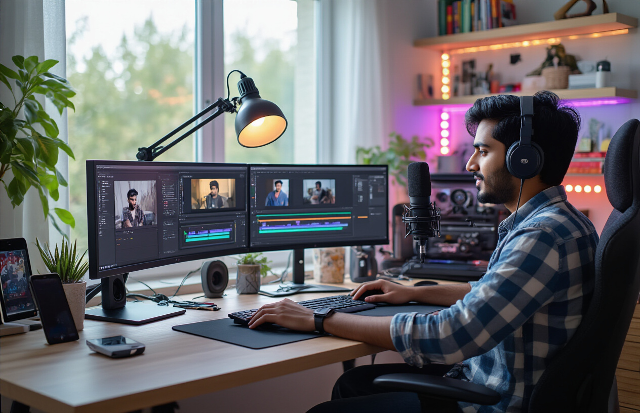 Create a realistic image of a modern home office setup with a young Indian male content creator sitting at a sleek desk with multiple monitors displaying video editing software, a professional microphone on a boom arm, ring lighting equipment, a high-quality camera on a tripod, colorful LED strip lights in the background, shelves with books and decorative items, a comfortable ergonomic chair, and various content creation tools like a graphics tablet and smartphone on a gimbal, all arranged in a well-lit room with natural light coming through a window, creating an inspiring and productive workspace atmosphere. Absolutely NO text should be in the scene.