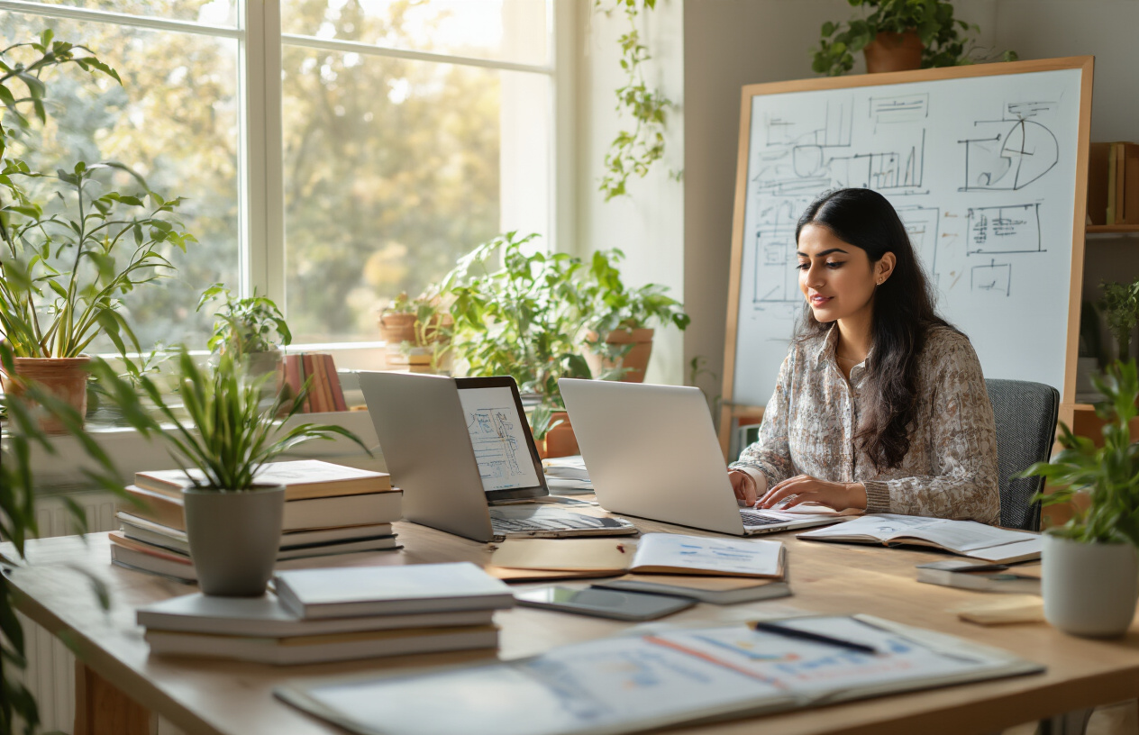 Create a realistic image of a modern home office setup showing educational and skill development business concept with a South Asian female instructor conducting an online teaching session on a laptop computer, surrounded by educational materials like books, notebooks, certificates, and a whiteboard with diagrams in the background, warm natural lighting from a window, professional and inspiring atmosphere with plants and organized workspace elements, Absolutely NO text should be in the scene.