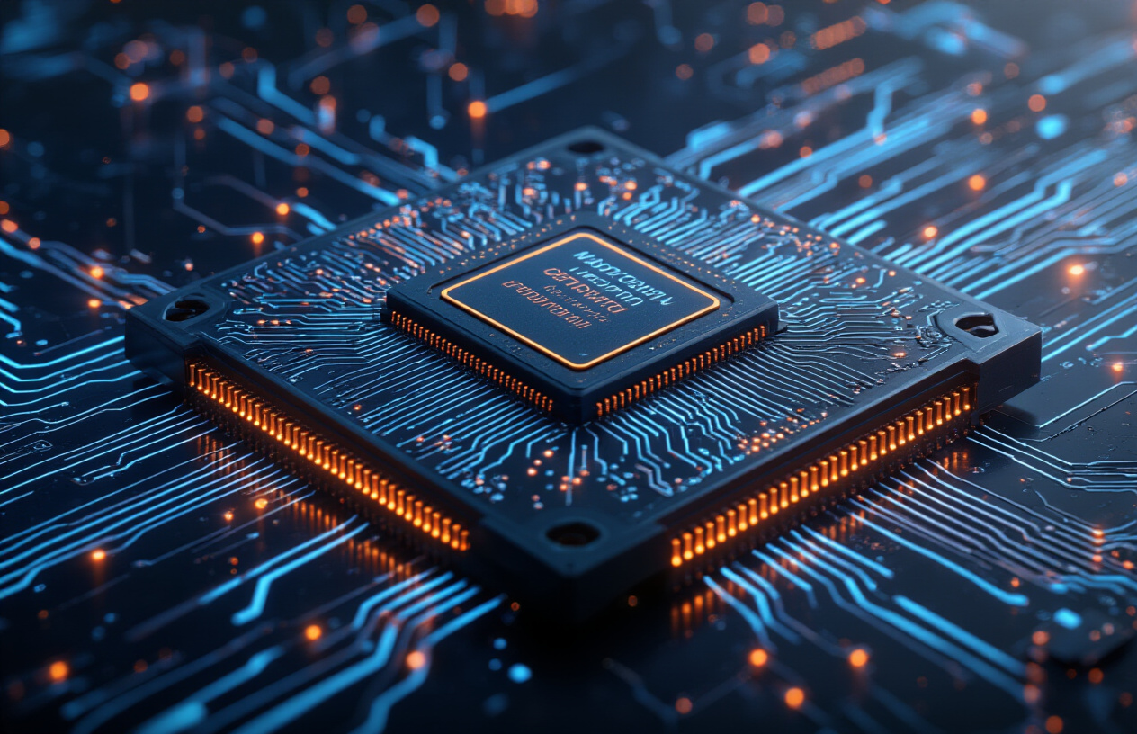 Create a realistic image of a modern high-performance CPU processor chip with intricate circuit patterns and metallic pins, positioned on a dark reflective surface with dramatic lighting casting subtle shadows, surrounded by soft blue and orange glowing effects that highlight the advanced semiconductor technology, with a clean minimalist background featuring subtle tech-inspired geometric patterns, emphasizing the cutting-edge nature of modern computing hardware, absolutely NO text should be in the scene.