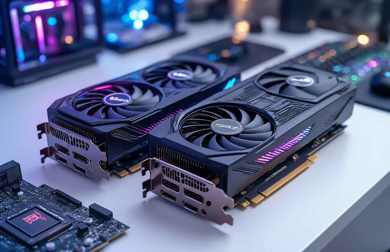 Create a realistic image of modern high-end GPU graphics cards featuring sleek black and metallic designs with RGB lighting, positioned prominently on a clean tech workspace alongside AI processing chips and gaming components, with soft blue and purple ambient lighting creating a futuristic atmosphere, detailed close-up view showing the intricate cooling fans and circuit board patterns, professional product photography style with shallow depth of field, absolutely NO text should be in the scene.