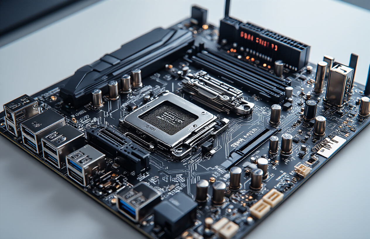 Create a realistic image of a high-end computer motherboard displayed on a clean white surface, featuring prominent modern connectivity ports including USB4 connectors, Wi-Fi 7 antenna connectors, multiple PCIe slots, advanced CPU socket, RAM slots, and various other modern ports and connectors, with soft professional lighting highlighting the intricate circuit patterns and metallic components, shot from a slightly angled top-down perspective to showcase the technical details and sophisticated engineering, Absolutely NO text should be in the scene.
