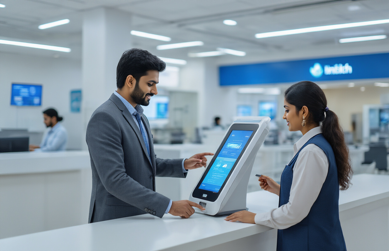 Create a realistic image of an Indian bank customer service center showing a South Asian male customer interacting with an AI-powered digital kiosk or touchscreen terminal while a South Asian female bank employee assists nearby, modern banking interior with sleek counters and digital displays in the background, bright professional lighting, futuristic banking atmosphere with holographic or digital interface elements visible on screens, clean contemporary design with blue and white color scheme typical of Indian banks, absolutely NO text should be in the scene.