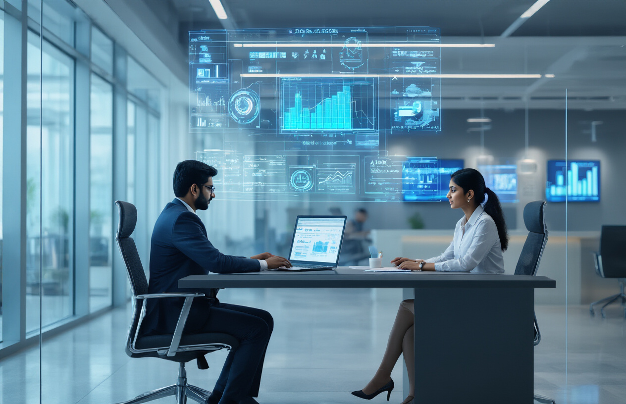 Create a realistic image of a modern Indian bank office scene showing an Indian male banker in professional attire sitting at a sleek desk with a laptop, reviewing digital loan documents on screen while an Indian female client sits across from him, with holographic AI interface elements floating above the desk displaying risk assessment charts, credit scores, and loan approval indicators, set in a contemporary banking environment with glass partitions, subtle blue lighting, and digital displays in the background showing financial data analytics, absolutely NO text should be in the scene.