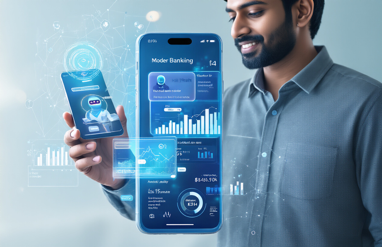 Create a realistic image of an Indian male holding a smartphone displaying a modern banking app interface with AI-powered features like chatbot assistance and transaction analytics, with digital holographic elements like floating financial icons, charts, and AI neural network patterns surrounding the phone, set against a sleek modern background with soft blue and white lighting that emphasizes the technological advancement, absolutely NO text should be in the scene.
