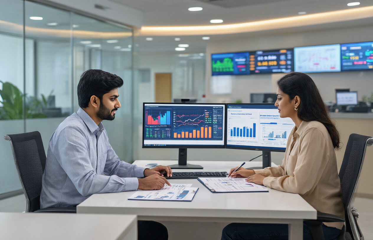 Create a realistic image of a modern Indian banking office setting with a young Indian male financial advisor sitting at a sleek desk with dual computer monitors displaying colorful investment charts, graphs, and AI-powered financial planning dashboards, while a middle-aged Indian female client sits across from him reviewing investment portfolio documents, with the background showing a contemporary bank interior with glass walls, digital screens showing market data, and soft professional lighting creating a sophisticated atmosphere focused on technology-driven financial planning. Absolutely NO text should be in the scene.