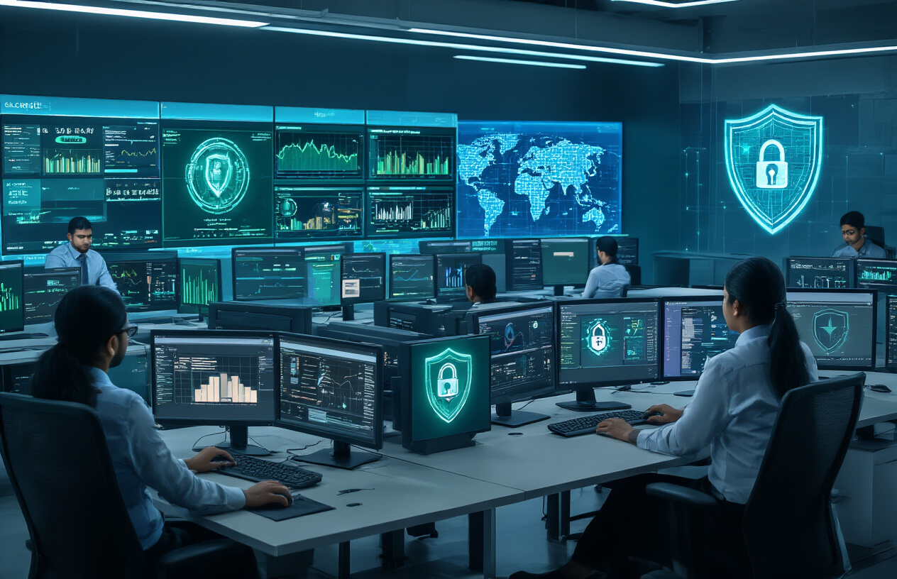 Create a realistic image of a modern Indian bank's cybersecurity operations center with multiple computer monitors displaying security analytics dashboards, threat detection systems, and financial fraud prevention software, featuring Indian male and female cybersecurity professionals in business attire monitoring the screens, with digital security icons and shield symbols visible on displays, dark blue and green color scheme with professional lighting, high-tech atmosphere showing advanced AI-powered security infrastructure protecting banking systems, absolutely NO text should be in the scene.