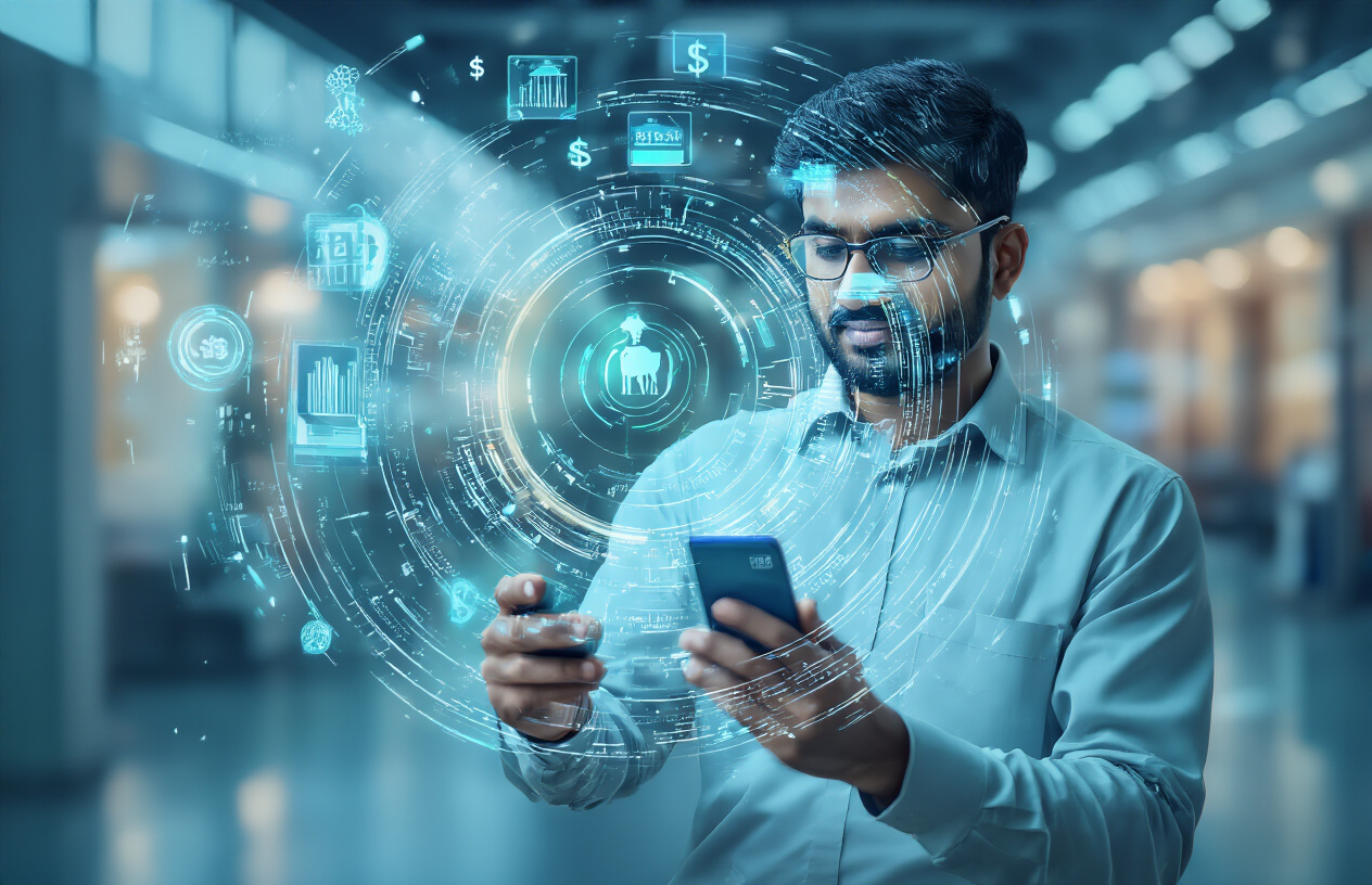 Create a realistic image of an Indian male professional using a smartphone for digital payment with UPI interface visible on the screen, AI-powered payment icons and digital currency symbols floating around the device, modern banking environment in the background with subtle blue and green lighting, futuristic holographic elements representing artificial intelligence integration in digital transactions, clean and professional atmosphere showcasing technological advancement in Indian banking sector, absolutely NO text should be in the scene.
