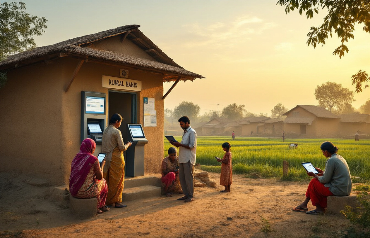 Create a realistic image of an Indian rural village scene showing digital banking transformation, featuring a small rural bank branch with modern digital equipment, a diverse group including Indian male and female villagers of different ages using smartphones and tablets for banking services, a bank representative assisting an elderly Indian woman with digital transactions, traditional village architecture in the background with mud houses and green fields, warm golden hour lighting creating an optimistic atmosphere, people engaged in various digital banking activities like mobile payments and account access, modern banking technology seamlessly integrated into the traditional rural setting, absolutely NO text should be in the scene.