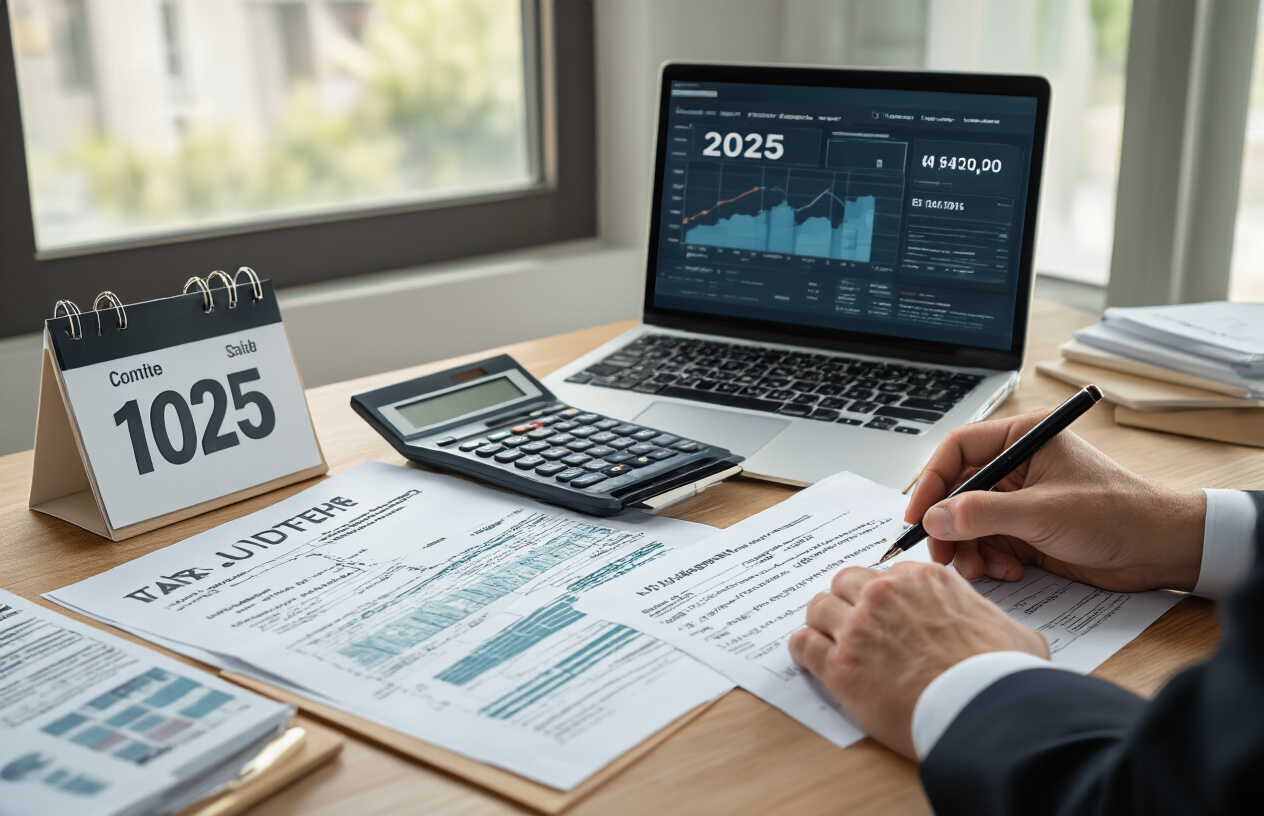 Create a realistic image of a clean, modern office desk with important tax documents, a calculator, a calendar showing 2025, and a laptop displaying financial data, with a professional businessman's hands writing notes on compliance paperwork, soft natural lighting from a window, organized and focused atmosphere suggesting successful tax audit completion and deadline management, absolutely NO text should be in the scene.