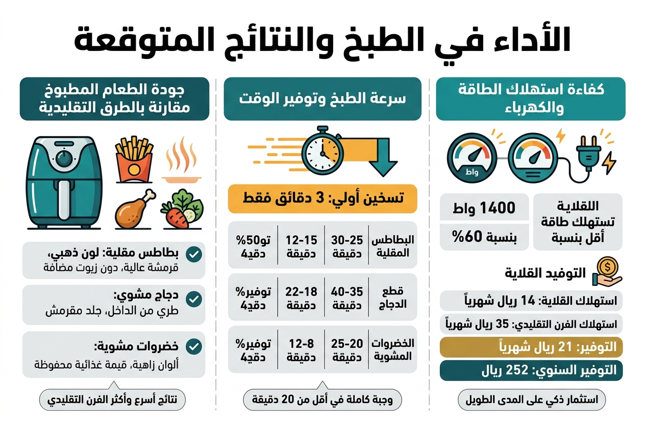 Infographic illustration in Arabic, aspect ratio 3:2, full-bleed wide layout with clean professional modern design, white background with teal, orange, gold, and dark gray accents, bold Arabic sans-serif font, clear visual hierarchy.

Top header across the full width with large bold title text: "الأداء في الطبخ والنتائج المتوقعة"

Below the title, create three wide horizontal sections arranged left to right in a balanced 3-column layout, each with a colored header bar and simple flat vector icons.

SECTION 1, left side: "جودة الطعام المطبوخ مقارنة بالطرق التقليدية"
Include a large air fryer icon next to a crispy fries icon, a chicken drumstick icon, and a vegetable icon. Add three short bullet blocks with checkmark icons:
"بطاطس مقلية: لون ذهبي، قرمشة عالية، دون زيوت مضافة"
"دجاج مشوي: طري من الداخل، جلد مقرمش"
"خضروات مشوية: ألوان زاهية، قيمة غذائية محفوظة"
Add a small comparison label: "نتائج أسرع وأكثر تجانساً من الفرن التقليدي"

SECTION 2, center: "سرعة الطبخ وتوفير الوقت"
Show a horizontal time comparison graphic with a clock icon and a downward arrow. Include a clear comparison table in Arabic with 3 rows:
"البطاطس المقلية | 25-30 دقيقة | 12-15 دقيقة | توفير 50%"
"قطع الدجاج | 35-40 دقيقة | 18-22 دقيقة | توفير 45%"
"الخضروات المشوية | 20-25 دقيقة | 8-12 دقيقة | توفير 55%"
Above the table, add a bold highlight line:
"تسخين أولي: 3 دقائق فقط"
Below the table, add a small callout badge:
"وجبة كاملة في أقل من 20 دقيقة"

SECTION 3, right side: "كفاءة استهلاك الطاقة والكهرباء"
Use an energy meter icon, a plug icon, and a coin/savings icon. Display a simple comparison block with large numbers:
"1400 واط"
"القلاية تستهلك طاقة أقل بنسبة 60%"
Then a cost savings section with three stacked lines:
"استهلاك القلاية: 14 ريال شهرياً"
"استهلاك الفرن التقليدي: 35 ريال شهرياً"
"التوفير: 21 ريال شهرياً"
"التوفير السنوي: 252 ريال"
Add a small label:
"استثمار ذكي على المدى الطويل"

Use subtle background illustrations of heat waves, speed lines, and energy spark accents. Include clean dividers between sections, rounded cards, and consistent icon style. Keep all text sharp, readable, and accurately spelled in Arabic. No people, no photo realism, no frame, no vertical poster style.