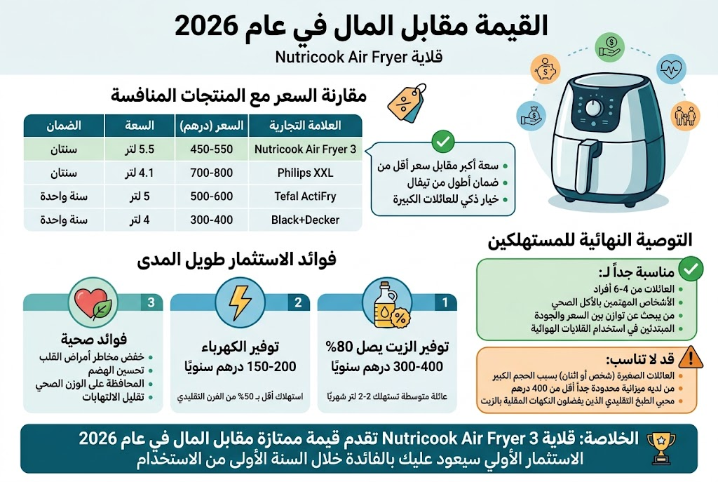 Create a clean, professional Arabic infographic in a 3:2 aspect ratio, full-bleed layout, no frame, no inset margins, wide horizontal composition with three main sections and modern flat vector illustrations. Use a white background with teal, blue, green, and warm orange accents, bold Arabic sans-serif typography, clear hierarchy, and subtle shadows.

TOP HEADER, full width:
Large bold title centered: "القيمة مقابل المال في عام 2026"
Small subtitle below in medium weight: "قلاية Nutricook Air Fryer 3"
Add a stylish air fryer illustration on the right side of the header, with small floating icons for savings, health, and family.

LEFT SECTION, upper-middle: "مقارنة السعر مع المنتجات المنافسة"
Use a comparison table with simple icons and alternating light rows. Include a small price tag icon above the table.
Table columns in Arabic:
"العلامة التجارية" | "السعر (درهم)" | "السعة" | "الضمان"
Rows:
"Nutricook Air Fryer 3" | "450-550" | "5.5 لتر" | "سنتان"
"Philips XXL" | "700-800" | "4.1 لتر" | "سنتان"
"Tefal ActiFry" | "500-600" | "5 لتر" | "سنة واحدة"
"Black+Decker" | "300-400" | "4 لتر" | "سنة واحدة"
Add a highlighted callout box beside the table with a green check icon and the text:
"سعة أكبر مقابل سعر أقل من فيليبس"
"ضمان أطول من تيفال"
"خيار ذكي للعائلات الكبيرة"

CENTER SECTION, lower-middle: "فوائد الاستثمار طويل المدى"
Use three horizontal benefit cards with icons.
Card 1 with oil bottle icon and percentage badge:
"توفير الزيت يصل إلى 80%"
"300-400 درهم سنويًا"
small text: "عائلة متوسطة تستهلك 2-3 لتر شهريًا"
Card 2 with electricity bolt icon:
"توفير الكهرباء"
"150-200 درهم سنويًا"
small text: "استهلاك أقل بـ 50% من الفرن التقليدي"
Card 3 with heart icon and leaf icon:
"فوائد صحية"
"خفض مخاطر أمراض القلب"
"تحسين الهضم"
"المحافظة على الوزن الصحي"
"تقليل الالتهابات"

RIGHT SECTION, lower-middle: "التوصية النهائية للمستهلكين"
Split into two stacked rounded boxes with icons.
Top green box with checkmark icon and heading: "مناسبة جداً لـ:"
Bullets:
"العائلات من 4-6 أفراد"
"الأشخاص المهتمين بالأكل الصحي"
"من يبحث عن توازن بين السعر والجودة"
"المبتدئين في استخدام القلايات الهوائية"

Bottom orange box with warning icon and heading: "قد لا تناسب:"
Bullets:
"العائلات الصغيرة (شخص أو اثنان) بسبب الحجم الكبير"
"من لديه ميزانية محدودة جداً أقل من 400 درهم"
"محبي الطبخ التقليدي الذين يفضلون النكهات المقلية بالزيت"

BOTTOM FOOTER, full width summary banner in dark teal with white text and a small trophy icon:
"الخلاصة: قلاية Nutricook Air Fryer 3 تقدم قيمة ممتازة مقابل المال في عام 2026"
"الاستثمار الأولي سيعود عليك بالفائدة خلال السنة الأولى من الاستخدام"

Use clean infographic icons, charts, and a balanced multi-column layout. Keep all Arabic text sharp, legible, and correctly aligned right-to-left.