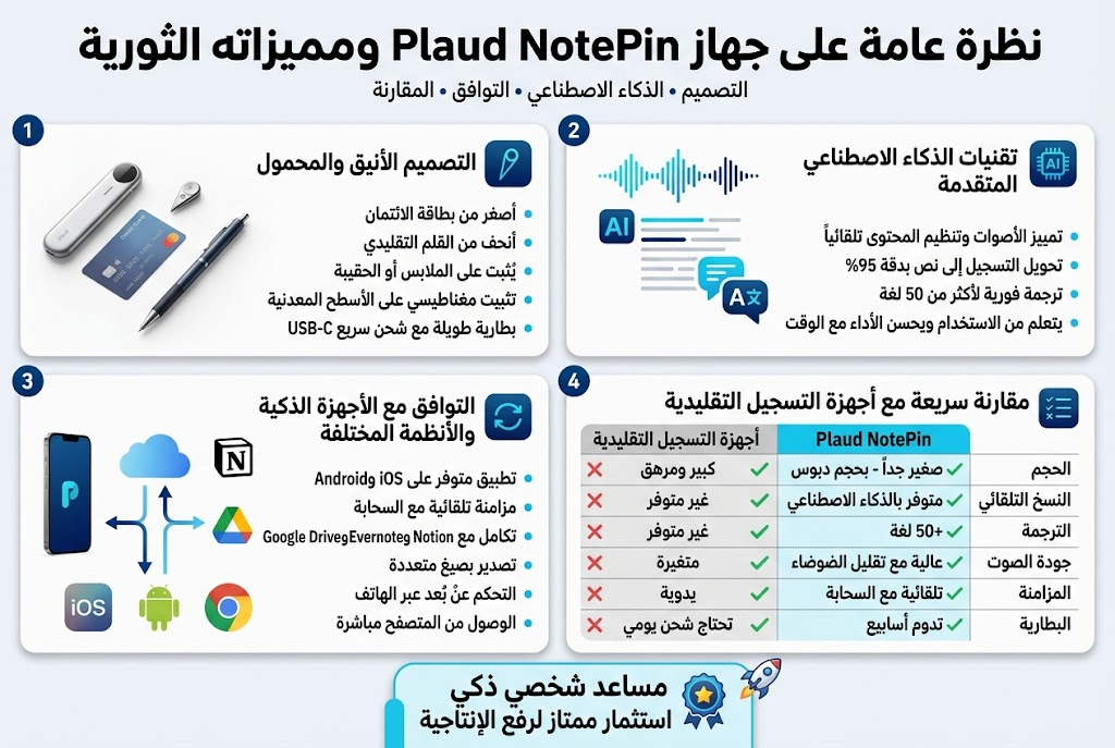 Aspect ratio 3:2, full-bleed professional infographic in Arabic, clean modern tech style, white background with deep blue, cyan, and silver accents, subtle gradients, crisp vector icons, bold sans-serif Arabic typography, strong visual hierarchy.

Top header across full width:
"نظرة عامة على جهاز Plaud NotePin ومميزاته الثورية"
Small subtitle under it:
"التصميم • الذكاء الاصطناعي • التوافق • المقارنة"

Main layout in four wide horizontal sections with icons and concise text blocks:

1) Left top section with a sleek product render of Plaud NotePin, shown as a tiny elegant pin-shaped device beside a credit card and pen for size comparison.
Text block next to it with a small icon of a pin:
"التصميم الأنيق والمحمول"
"أصغر من بطاقة الائتمان"
"أنحف من القلم التقليدي"
"يُثبت على الملابس أو الحقيبة"
"تثبيت مغناطيسي على الأسطح المعدنية"
"بطارية طويلة مع شحن سريع USB-C"

2) Center top-right section with an AI waveform, transcript lines, and multilingual speech bubbles.
Text block with an AI chip icon:
"تقنيات الذكاء الاصطناعي المتقدمة"
"تمييز الأصوات وتنظيم المحتوى تلقائياً"
"تحويل التسجيل إلى نص بدقة 95%"
"ترجمة فورية لأكثر من 50 لغة"
"يتعلم من الاستخدام ويحسن الأداء مع الوقت"

3) Lower left section with smartphone, cloud, and app icons connected by arrows to Notion, Evernote, Google Drive, iOS, Android, and browser symbols.
Text block with sync icon:
"التوافق مع الأجهزة الذكية والأنظمة المختلفة"
"تطبيق متوفر على iOS وAndroid"
"مزامنة تلقائية مع السحابة"
"تكامل مع Notion وEvernote وGoogle Drive"
"تصدير بصيغ متعددة"
"التحكم عن بُعد عبر الهاتف"
"الوصول من المتصفح مباشرة"

4) Lower right section as a clean comparison table with two columns and simple check/cross icons, titled:
"مقارنة سريعة مع أجهزة التسجيل التقليدية"
Table rows exactly:
"الحجم | Plaud NotePin: صغير جداً - بحجم دبوس | أجهزة التسجيل التقليدية: كبير ومرهق"
"النسخ التلقائي | Plaud NotePin: متوفر بالذكاء الاصطناعي | أجهزة التسجيل التقليدية: غير متوفر"
"الترجمة | Plaud NotePin: 50+ لغة | أجهزة التسجيل التقليدية: غير متوفر"
"جودة الصوت | Plaud NotePin: عالية مع تقليل الضوضاء | أجهزة التسجيل التقليدية: متغيرة"
"المزامنة | Plaud NotePin: تلقائية مع السحابة | أجهزة التسجيل التقليدية: يدوية"
"البطارية | Plaud NotePin: تدوم أسابيع | أجهزة التسجيل التقليدية: تحتاج شحن يومي"

Bottom banner spanning full width with a highlighted badge and a small star/rocket icon:
"مساعد شخصي ذكي"
"استثمار ممتاز لرفع الإنتاجية"

Use clear section dividers, aligned cards, modern shadows, minimal clutter, wide spacing, and a polished editorial infographic look.