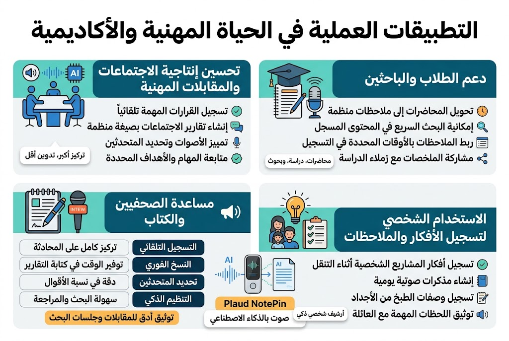 Create a clean professional Arabic infographic in a 3:2 aspect ratio, full-bleed layout, modern white background with teal, blue, and orange accents, bold Arabic sans-serif typography, clear visual hierarchy, flat vector style, subtle shadows, high readability.

At the top, place a large bold title centered:
"التطبيقات العملية في الحياة المهنية والأكاديمية"

Below the title, divide the canvas into 4 wide horizontal sections or 2x2 grid blocks with icons and short bullet points, using strong section headers and small rounded cards.

SECTION 1 — top left block:
Add a blue icon of a meeting table with a soundwave and AI chip.
Header:
"تحسين إنتاجية الاجتماعات والمقابلات المهنية"
Bullets:
"تسجيل القرارات المهمة تلقائياً"
"إنشاء تقارير الاجتماعات بصيغة منظمة"
"تمييز الأصوات وتحديد المتحدثين"
"متابعة المهام والأهداف المحددة"
Include a small mini-card with text:
"تركيز أكبر، تدوين أقل"

SECTION 2 — top right block:
Add an academic icon showing a graduation cap, notebook, and microphone.
Header:
"دعم الطلاب والباحثين"
Bullets:
"تحويل المحاضرات إلى ملاحظات منظمة"
"إمكانية البحث السريع في المحتوى المسجل"
"ربط الملاحظات بالأوقات المحددة في التسجيل"
"مشاركة الملخصات مع زملاء الدراسة"
Add a small label:
"محاضرات، دراسة، وبحوث"

SECTION 3 — bottom left block:
Add an icon of a journalist notepad, pen, and interview microphone.
Header:
"مساعدة الصحفيين والكتاب"
Use a compact table-style layout with two columns:
"التسجيل التلقائي" — "تركيز كامل على المحادثة"
"النسخ الفوري" — "توفير الوقت في كتابة التقارير"
"تحديد المتحدثين" — "دقة في نسبة الأقوال"
"التنظيم الذكي" — "سهولة البحث والمراجعة"
Add a highlighted note:
"توثيق أدق للمقابلات وجلسات البحث"

SECTION 4 — bottom right block:
Add a personal lifestyle icon showing a lightbulb, family, cookbook, and checklist.
Header:
"الاستخدام الشخصي لتسجيل الأفكار والملاحظات"
Bullets:
"تسجيل أفكار المشاريع الشخصية أثناء التنقل"
"إنشاء مذكرات صوتية يومية"
"تسجيل وصفات الطبخ من الأجداد"
"توثيق اللحظات المهمة مع العائلة"
Add a small label:
"أرشيف شخصي ذكي"

In the center or lower center, add a slim highlighted banner with a device illustration and text:
"Plaud NotePin"
"مسجل صوت بالذكاء الاصطناعي"
Use a modern smart recorder device icon with AI waveform lines flowing into text notes.

Add small decorative icons near key bullets: checkmarks, speech bubbles, search icon, transcript lines, clock, share icon, microphone, notebook, and speaker icons.

Use balanced spacing, wide horizontal composition, clear Arabic text alignment right-to-left, crisp infographic style, no portrait poster layout, no empty borders, no photo realism.