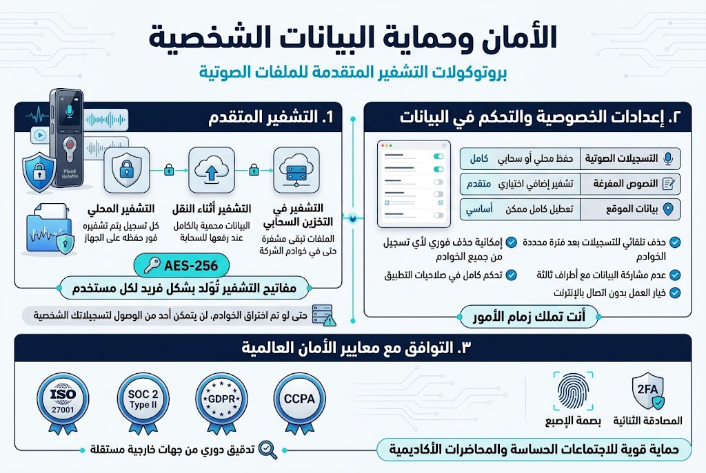 Create a clean professional Arabic infographic illustration in a 3:2 aspect ratio, full-bleed layout with no frame, using a modern wide horizontal composition and clear visual hierarchy. Use a deep navy, cyan, white, and silver color palette with subtle gradients and security-themed accents. Use a bold Arabic sans-serif font for headings and a readable Arabic body font for details.

Top banner across the full width:
- Large bold title centered in white: "الأمان وحماية البيانات الشخصية"
- Smaller subtitle beneath in cyan: "بروتوكولات التشفير المتقدمة للملفات الصوتية"

Main layout: three wide horizontal sections arranged left to right or in stacked wide bands, not a narrow vertical poster.

Section 1 on the upper-middle left: Encryption protection
- Section heading in bold: "1. التشفير المتقدم"
- Show a secure audio recorder device icon labeled "Plaud NotePin" beside a shield, lock, and data waveform visuals.
- Three connected security blocks with icons:
  - A lock icon with text: "التشفير المحلي" and smaller text: "كل تسجيل يتم تشفيره فور حفظه على الجهاز"
  - A cloud upload icon with text: "التشفير أثناء النقل" and smaller text: "البيانات محمية بالكامل عند رفعها للسحابة"
  - A server/cloud icon with text: "التشفير في التخزين السحابي" and smaller text: "الملفات تبقى مشفرة حتى في خوادم الشركة"
- A highlighted badge or callout box in cyan with a key icon and text: "AES-256"
- A bold callout line below: "مفاتيح التشفير تُولد بشكل فريد لكل مستخدم"
- Small warning-style line with a shielded server icon: "حتى لو تم اختراق الخوادم، لن يتمكن أحد من الوصول لتسجيلاتك الشخصية"

Section 2 on the upper-middle right: Privacy controls
- Section heading in bold: "2. إعدادات الخصوصية والتحكم في البيانات"
- Show a clean settings panel / app interface style with toggles and checkboxes.
- Include a small table-like block with three rows and clear labels:
  - "التسجيلات الصوتية" — "حفظ محلي أو سحابي" — "كامل"
  - "النصوص المفرغة" — "تشفير إضافي اختياري" — "متقدم"
  - "بيانات الموقع" — "تعطيل كامل ممكن" — "أساسي"
- Below the table, add four compact icon bullets with checkmarks:
  - "حذف تلقائي للتسجيلات بعد فترة محددة"
  - "إمكانية حذف فوري لأي تسجيل من جميع الخوادم"
  - "عدم مشاركة البيانات مع أطراف ثالثة"
  - "تحكم كامل في صلاحيات التطبيق"
  - "خيار العمل بدون اتصال بالإنترنت"
- Add a bold reassurance line in a callout box: "أنت تملك زمام الأمور"

Section 3 across the bottom full width: Global security compliance
- Section heading in bold: "3. التوافق مع معايير الأمان العالمية"
- Show four certification badges in a row with icons:
  - "ISO 27001"
  - "SOC 2 Type II"
  - "GDPR"
  - "CCPA"
- Under the badges, add a small line with a magnifying glass / audit icon: "تدقيق دوري من جهات خارجية مستقلة"
- On the far right of the bottom band, show a fingerprint icon and 2FA shield icon with text: "المصادقة الثنائية" and "بصمة الإصبع"
- Add a concluding line in a highlighted strip: "حماية قوية للاجتماعات الحساسة والمحاضرات الأكاديمية"

Visual style:
- Use crisp vector icons, thin outlines, soft shadows, subtle circuit patterns in the background, and small glowing security lines connecting sections.
- Keep all text sharp, legible, and correctly spaced in Arabic.
- Use white background areas with navy section blocks and cyan accent highlights.
- Make the layout balanced, modern, and executive-level, with no extra text beyond the specified Arabic phrases.