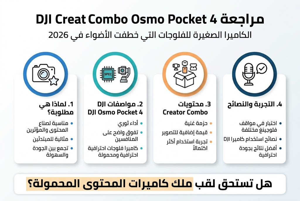 Create a clean professional Arabic infographic illustration in a full-bleed 3:2 landscape layout, modern tech style, white background with blue, teal, black, and subtle orange accents, bold sans-serif Arabic typography, strong visual hierarchy, no border, no vertical poster framing.

Top center: large bold heading in Arabic: "مراجعة DJI Osmo Pocket 4 Creator Combo"
Directly under it, smaller subtitle: "الكاميرا الصغيرة للفلوجات التي خطفت الأضواء في 2026"

Use a wide 4-section horizontal grid with clear icons and numbered labels:

Section 1 on the left: a camera and star icon in a blue circle, title: "1. لماذا هي مطلوبة؟"
Include short bullet text:
"مناسبة لصناع المحتوى والمؤثرين"
"مثالية للمبتدئين"
"تجمع بين الجودة والسهولة"

Section 2 next to it: a specs chip and gimbal icon in a teal circle, title: "2. مواصفات DJI Osmo Pocket 4"
Include short bullet text:
"أداء ثوري"
"تفوق واضح على المنافسين"
"كاميرا فلوجات احترافية ومحمولة"

Section 3 next to it: an open box icon with accessory symbols in an orange circle, title: "3. محتويات Creator Combo"
Include short bullet text:
"حزمة غنية"
"قيمة إضافية للتصوير"
"تجربة استخدام أكثر اكتمالاً"

Section 4 on the right: a vlog microphone and checkmark icon in a dark blue circle, title: "4. التجربة والنصائح"
Include short bullet text:
"اختبار في مواقف فلوجينغ مختلفة"
"نصائح استخدام كاميرا DJI"
"أفضل نتائج بجودة احترافية"

Bottom wide banner across the full width with a highlighted statement in bold:
"هل تستحق لقب ملك كاميرات المحتوى المحمولة؟"

Use simple line icons, subtle shadowed cards, clear spacing, and balanced wide horizontal composition with no dense text blocks.