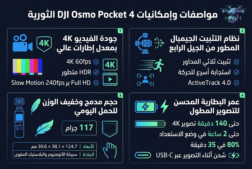 Create a full-bleed professional infographic in a 3:2 aspect ratio, modern tech style, dark navy background with cyan, electric blue, white, and subtle neon green accents. Use clean Arabic typography, bold title at the top, strong visual hierarchy, crisp vector icons, and a wide horizontal layout with four main content blocks arranged in a 2x2 grid across the canvas. Add a small futuristic drone-camera illustration near the title.

Top header, centered, large bold Arabic text:
"مواصفات وإمكانيات DJI Osmo Pocket 4 الثورية"

Section 1 on the upper left, with a blue video camera icon and a 4K badge:
Title text:
"جودة الفيديو 4K بمعدل إطارات عالي"
Include three bullet points with small check icons:
"4K 60fps"
"HDR متطور"
"Slow Motion 240fps بدقة Full HD"
Add a small color bar and cinematic frame graphic.

Section 2 on the upper right, with a three-axis gimbal icon and motion lines:
Title text:
"نظام التثبيت الجيمبال المطور من الجيل الرابع"
Include three bullet points with small check icons:
"تثبيت ثلاثي المحاور"
"استجابة أسرع للحركة"
"ActiveTrack 4.0"
Add a small moving subject silhouette and stabilized frame graphic.

Section 3 on the lower left, with a compact pocket-sized camera icon and lightweight feather icon:
Title text:
"حجم مدمج وخفيف الوزن للحمل اليومي"
Include a prominent stat box:
"117 جرام"
Add a small specs table with two rows:
"الأبعاد | 124.7 × 38.1 × 30.6 مم"
"المادة | سبيكة الألومنيوم والبلاستيك المقوى"
Add a pocket outline graphic and one-hand grip icon.

Section 4 on the lower right, with a battery icon, lightning bolt, and USB-C symbol:
Title text:
"عمر البطارية المحسن للتصوير المطول"
Include four bold metric lines:
"حتى 140 دقيقة تصوير 4K"
"حتى 2 ساعة في وضع الاستعداد"
"80% في 35 دقيقة"
"شحن أثناء التصوير عبر USB-C"
Add a horizontal battery progress graphic and a fast charging icon.

Use thin divider lines between sections, subtle glow effects, and small numeric labels 1, 2, 3, 4 near each section title. Keep all text sharp, readable, and aligned. No extra text beyond the specified Arabic titles and metrics. No borders or poster frame, no centered vertical stack, no clutter.