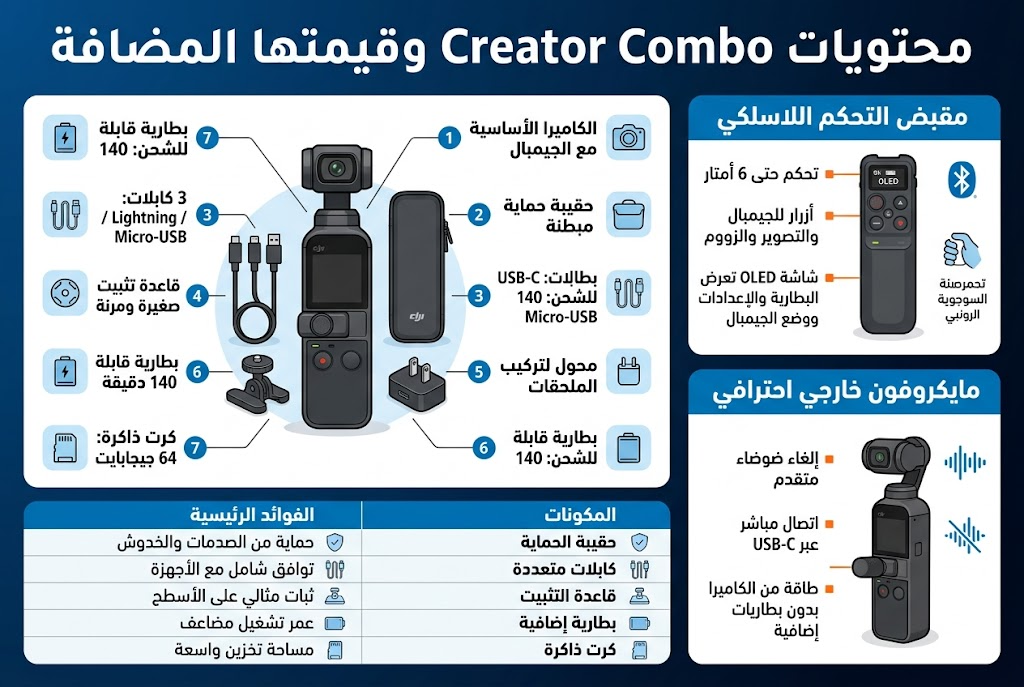Create a clean professional infographic illustration in a 3:2 aspect ratio, full-bleed background, modern tech style, Arabic language, high contrast, crisp vector design, blue and black palette with white panels and orange accent highlights, bold sans-serif Arabic typography.

Top header across full width: large bold title in Arabic: "محتويات Creator Combo وقيمتها المضافة"

Below the title, arrange the content in a wide horizontal multi-section layout, not a narrow vertical poster.

Left large main section:
- A central hero illustration of the DJI Osmo Pocket 4 Creator Combo bundle, shown as a camera with built-in gimbal surrounded by accessories.
- Around it, use labeled icon callouts with thin connector lines:
  1. "الكاميرا الأساسية مع الجيمبال"
  2. "حقيبة حماية مبطنة"
  3. "3 كابلات: USB-C / Lightning / Micro-USB"
  4. "قاعدة تثبيت صغيرة ومرنة"
  5. "محول لتركيب الملحقات"
  6. "بطارية قابلة للشحن: 140 دقيقة"
  7. "كرت ذاكرة: 64 جيجابايت"
- Use small matching icons: camera, protective bag, cables, mount base, adapter, battery, memory card.

Right upper section titled in a colored bar: "مقبض التحكم اللاسلكي"
- Show a wireless grip controller with visible buttons and a small OLED screen.
- Add three short bullet blocks with icons:
  - "تحكم حتى 6 أمتار"
  - "أزرار للجيمبال والتصوير والزووم"
  - "شاشة OLED تعرض البطارية والإعدادات ووضع الجيمبال"
- Add a Bluetooth icon and a compact ergonomic hand-grip icon.

Right lower section titled in a colored bar: "مايكروفون خارجي احترافي"
- Show a small external microphone attached to the camera.
- Include three short bullet blocks with icons:
  - "إلغاء ضوضاء متقدم"
  - "اتصال مباشر عبر USB-C"
  - "طاقة من الكاميرا بدون بطاريات إضافية"
- Add sound wave and noise-cancel icons.

Bottom wide comparison strip with a two-column table look and subtle grid lines:
Header row text: "المكونات" and "الفوائد الرئيسية"
Rows:
- "حقيبة الحماية" — "حماية من الصدمات والخدوش"
- "كابلات متعددة" — "توافق شامل مع الأجهزة"
- "قاعدة التثبيت" — "ثبات مثالي على الأسطح"
- "بطارية إضافية" — "عمر تشغيل مضاعف"
- "كرت ذاكرة" — "مساحة تخزين واسعة"
Use small icons in each row: shield bag, cable set, stabilizer base, battery, memory card.

Visual style:
- Clean white content panels over a dark blue gradient background.
- Rounded rectangles, subtle shadows, thin dividers, consistent spacing.
- Clear hierarchy with large title, medium section headers, smaller body text.
- Use neat infographic markers, numbered badges, and simple line icons.
- Ensure all Arabic text is legible and correctly rendered.