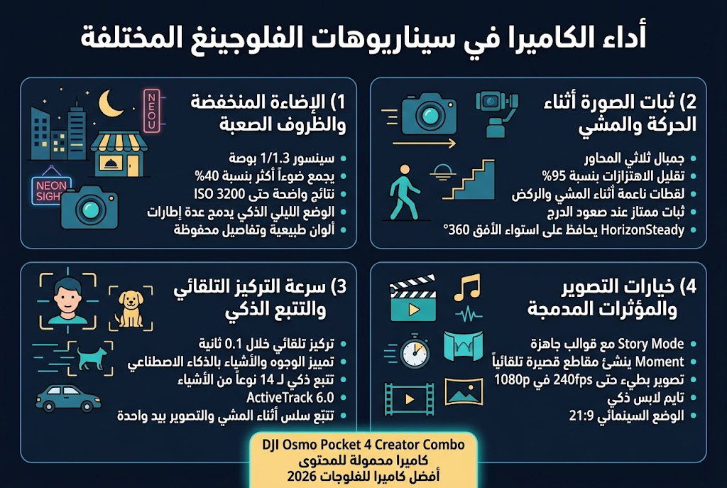Create a clean professional infographic in Arabic, full-bleed layout, aspect ratio 3:2, modern tech style, dark navy background with cyan, teal, white, and warm yellow accents, bold sans-serif Arabic typography, high contrast, crisp vector illustration, no frame, no inset border.

Top center large bold title: "أداء الكاميرا في سيناريوهات الفلوجينغ المختلفة"

Below the title, arrange four wide horizontal sections in a 2x2 grid with clear dividers, each section with a colored icon on the left, a bold subheading, and short bullet points.

Section 1 at top left: night city and restaurant low-light scene icon with moon, neon sign, and camera.
Subheading: "1) الإضاءة المنخفضة والظروف الصعبة"
Bullet points:
"سينسور 1/1.3 بوصة"
"يجمع ضوءاً أكثر بنسبة 40%"
"نتائج واضحة حتى ISO 3200"
"الوضع الليلي الذكي يدمج عدة إطارات"
"ألوان طبيعية وتفاصيل محفوظة"

Section 2 at top right: moving camera and gimbal icon with walking person, staircase, and horizon line.
Subheading: "2) ثبات الصورة أثناء الحركة والمشي"
Bullet points:
"جمبال ثلاثي المحاور"
"تقليل الاهتزازات بنسبة 95%"
"لقطات ناعمة أثناء المشي والركض"
"ثبات ممتاز عند صعود الدرج"
"HorizonSteady يحافظ على استواء الأفق 360°"

Section 3 at bottom left: autofocus target icon with face, pet, car, and tracking lines.
Subheading: "3) سرعة التركيز التلقائي والتتبع الذكي"
Bullet points:
"تركيز تلقائي خلال 0.1 ثانية"
"تمييز الوجوه والأشياء بالذكاء الاصطناعي"
"تتبع ذكي لـ 14 نوعاً من الأشياء"
"ActiveTrack 6.0"
"تتبّع سلس أثناء المشي والتصوير بيد واحدة"

Section 4 at bottom right: creative editing icons with clapboard, music note, stopwatch, panorama, and cinematic frame.
Subheading: "4) خيارات التصوير الإبداعية والمؤثرات المدمجة"
Bullet points:
"Story Mode مع قوالب جاهزة"
"Moment ينشئ مقاطع قصيرة تلقائياً"
"تصوير بطيء حتى 240fps في 1080p"
"تايم لابس ذكي"
"الوضع السينمائي 21:9"

Add a slim highlighted callout bar across the bottom center with bold text:
"DJI Osmo Pocket 4 Creator Combo"
"كاميرا محمولة للمحتوى"
"أفضل كاميرا للفلوجات 2026"

Use subtle glow effects, rounded cards, clear spacing, icons as simple flat vector symbols, and a balanced infographic hierarchy with the title largest, section headings medium, bullets smaller. Avoid clutter and keep text perfectly legible.