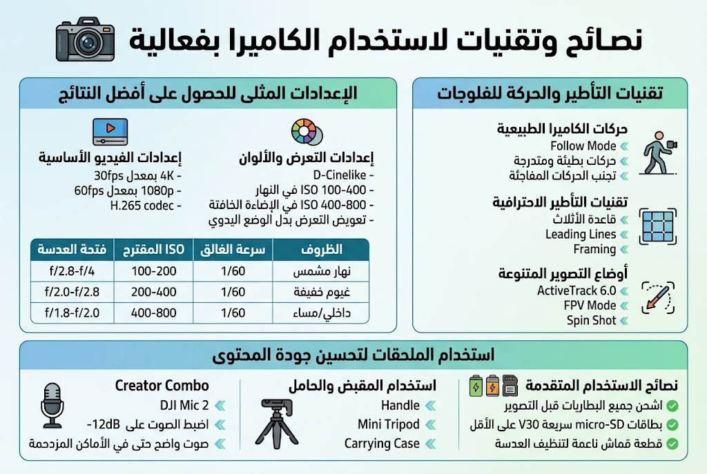 تصميم إنفوجرافيك أفقي بنسبة 3:2، بأسلوب حديث واحترافي، خلفية فاتحة مع تدرجات أزرق وأخضر ولمسات برتقالية، خطوط عربية واضحة وعريضة للعناوين ونص عربي بسيط للمحتوى، تخطيط واسع متعدد الأقسام بدون إطار عمودي، مع أيقونات كاميرا وفيديو وصوت وملحقات.

في الأعلى شريط عنوان عريض مع أيقونة كاميرا:
"نصائح وتقنيات لاستخدام الكاميرا بفعالية"

أسفل العنوان مباشرة قسمان متجاوران بعرض الصفحة:

الجزء الأيسر: صندوق بعنوان كبير
"الإعدادات المثلى للحصول على أفضل النتائج"
مع 3 بطاقات أفقية صغيرة بأيقونات واضحة:
1) أيقونة شاشة/فيديو مع النص:
"إعدادات الفيديو الأساسية"
- "4K بمعدل 30fps"
- "1080p بمعدل 60fps"
- "H.265 codec"

2) أيقونة ألوان/تعرض مع النص:
"إعدادات التعرض والألوان"
- "D-Cinelike"
- "ISO 100-400 في النهار"
- "ISO 400-800 في الإضاءة الخافتة"
- "تعويض التعرض بدل الوضع اليدوي"

3) بطاقة جدول مصغّر بعنوان:
"الظروف"
أعمدة واضحة بعناوين:
"الظروف" | "ISO المقترح" | "سرعة الغالق" | "فتحة العدسة"
وثلاثة صفوف:
"نهار مشمس" | "100-200" | "1/60" | "f/2.8-f/4"
"غيوم خفيفة" | "200-400" | "1/60" | "f/2.0-f/2.8"
"داخلي/مساء" | "400-800" | "1/60" | "f/1.8-f/2.0"

الجزء الأيمن: صندوق كبير بعنوان
"تقنيات التأطير والحركة للفلوجات"
مع 3 أقسام أفقية مع أيقونات:
- أيقونة شخص يمشي بكاميرا مع النص:
"حركات الكاميرا الطبيعية"
"Follow Mode"
"حركات بطيئة ومتدرجة"
"تجنب الحركات المفاجئة"

- أيقونة شبكة/إطار مع النص:
"تقنيات التأطير الاحترافية"
"قاعدة الأثلاث"
"Leading Lines"
"Framing"

- أيقونة مسار حركة/أيقونة تتبع مع النص:
"أوضاع التصوير المتنوعة"
"ActiveTrack 6.0"
"FPV Mode"
"Spin Shot"

في أسفل التصميم شريط عريض بثلاثة أعمدة بعنوان:
"استخدام الملحقات لتحسين جودة المحتوى"

العمود الأول مع أيقونة ميكروفون:
"Creator Combo"
"DJI Mic 2"
"اضبط الصوت على -12dB"
"صوت واضح حتى في الأماكن المزدحمة"

العمود الثاني مع أيقونة قبضة/حامل ثلاثي:
"استخدام المقبض والحامل"
"Handle"
"Mini Tripod"
"Carrying Case"

العمود الثالث مع أيقونات بطارية وبطاقة ذاكرة وقماش تنظيف:
"نصائح الاستخدام المتقدمة"
"اشحن جميع البطاريات قبل التصوير"
"بطاقات micro-SD سريعة V30 على الأقل"
"قطعة قماش ناعمة لتنظيف العدسة"

استخدام أسهم صغيرة أو علامات تحقق خضراء بجانب النقاط، وتدرجات لونية مهنية، مع توازن بصري بين النصوص والأيقونات، ومظهر نظيف عالي الوضوح، وتوزيع المحتوى على عرض الصفحة بالكامل.