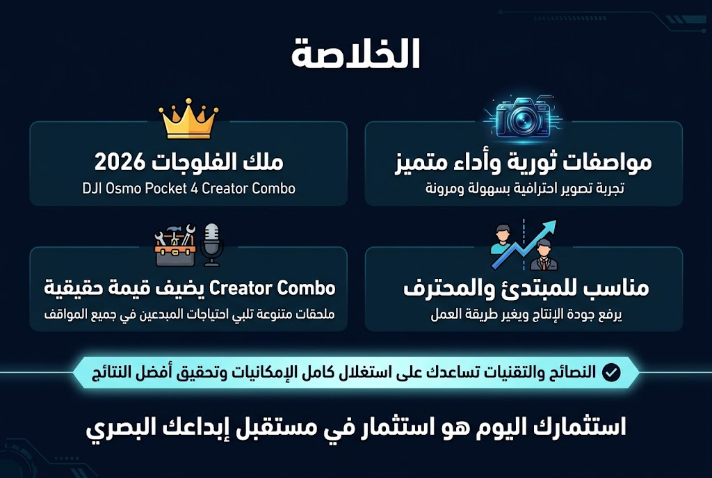Create a full-bleed professional infographic in a 3:2 aspect ratio, wide horizontal layout, clean modern tech style, with dark navy background, cyan and electric blue accents, white text, and subtle orange highlights. Use bold Arabic typography for the heading and clear readable Arabic body text. No borders, no poster frame, no centered vertical stack.

Top center: large bold title in Arabic, exact text: "الخلاصة"

Below the title, arrange 4 wide horizontal content blocks across the canvas in a balanced 2x2 grid, each with a distinct icon and short text.

Block 1, top-left: a gold crown icon above bold text: "ملك الفلوجات 2026"  
Smaller line under it: "DJI Osmo Pocket 4 Creator Combo"

Block 2, top-right: a futuristic camera icon with glowing blue lines above bold text: "مواصفات ثورية وأداء متميز"  
Smaller line under it: "تجربة تصوير احترافية بسهولة ومرونة"

Block 3, bottom-left: a toolkit and microphone icon above bold text: "Creator Combo يضيف قيمة حقيقية"  
Smaller line under it: "ملحقات متنوعة تلبي احتياجات المبدعين في جميع المواقف"

Block 4, bottom-right: a split icon showing a beginner and a professional with a rising arrow above bold text: "مناسب للمبتدئ والمحترف"  
Smaller line under it: "يرفع جودة الإنتاج ويغير طريقة العمل"

Across the lower center spanning the width, add a highlighted ribbon or callout strip with a light cyan glow and a checkmark icon, exact text: "النصائح والتقنيات تساعدك على استغلال كامل الإمكانيات وتحقيق أفضل النتائج"

At the very bottom, add a final bold closing statement in Arabic, exact text: "استثمارك اليوم هو استثمار في مستقبل إبداعك البصري"

Use clean icons, strong spacing, subtle tech patterns in the background, and a clear visual hierarchy with the most important phrases larger and bolder.