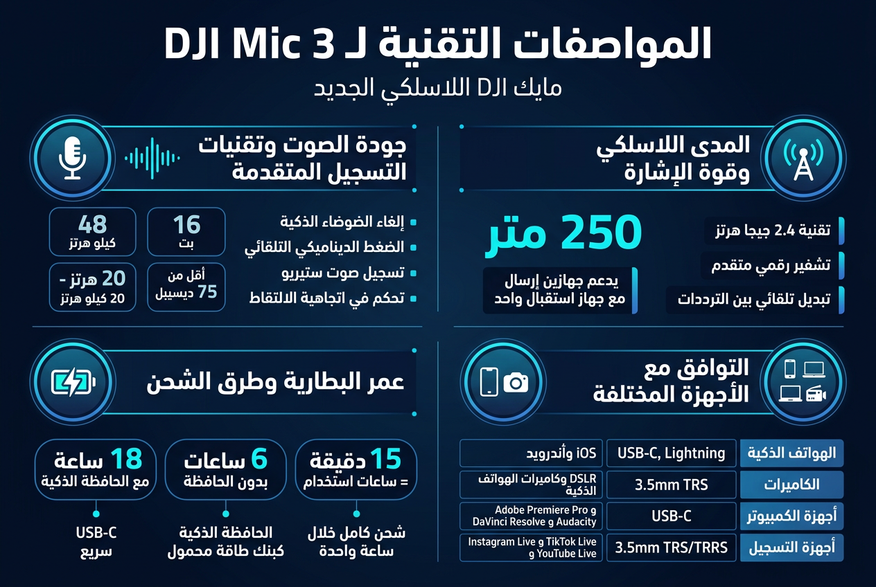 Create a full-bleed professional Arabic infographic illustration in aspect ratio 3:2, with a clean modern tech style, dark navy and electric blue palette, white typography, cyan accents, subtle gradients, and thin glowing lines. Use a wide horizontal layout with 4 main sections arranged in a 2x2 grid across the canvas, plus a top title bar. Add clear icons for each section: microphone, wireless signal, battery, and devices.

Top header across the full width:
- Bold large title in Arabic: "المواصفات التقنية لـ DJI Mic 3"
- Smaller subtitle beneath it: "مايك DJI اللاسلكي الجديد"

Section 1 on upper left, with a microphone icon and sound-wave lines:
Header: "جودة الصوت وتقنيات التسجيل المتقدمة"
Show four compact spec badges:
- "48 كيلو هرتز"
- "16 بت"
- "20 هرتز - 20 كيلو هرتز"
- "أقل من -75 ديسيبل"
Include short feature bullets beside the badges:
- "إلغاء الضوضاء الذكية"
- "الضغط الديناميكي التلقائي"
- "تسجيل صوت ستيريو"
- "تحكم في اتجاهية الالتقاط"

Section 2 on upper right, with a wireless antenna icon and signal arcs:
Header: "المدى اللاسلكي وقوة الإشارة"
Display a large highlighted number:
- "250 متر"
Add short callouts in small blocks:
- "تقنية 2.4 جيجا هرتز"
- "تشفير رقمي متقدم"
- "تبديل تلقائي بين الترددات"
- "يدعم جهازين إرسال مع جهاز استقبال واحد"

Section 3 on lower left, with a battery icon and charging bolt:
Header: "عمر البطارية وطرق الشحن"
Show three bold stat pills:
- "18 ساعة مع الحافظة الذكية"
- "6 ساعات بدون الحافظة"
- "شحن 15 دقيقة = 3 ساعات استخدام"
Add smaller labels:
- "USB-C سريع"
- "الحافظة الذكية كبنك طاقة محمول"
- "شحن كامل خلال ساعة واحدة"

Section 4 on lower right, with device icons for phone, camera, laptop, and recorder:
Header: "التوافق مع الأجهزة المختلفة"
Use a small 4-row table style with two columns:
Left column labels:
- "الهواتف الذكية"
- "الكاميرات"
- "أجهزة الكمبيوتر"
- "أجهزة التسجيل"
Right column values:
- "USB-C, Lightning"
- "3.5mm TRS"
- "USB-C"
- "3.5mm TRS/TRRS"
Include small supporting labels above the table:
- "iOS وأندرويد"
- "DSLR وكاميرات الهواتف الذكية"
- "Adobe Premiere Pro وDaVinci Resolve وAudacity"
- "Instagram Live وTikTok Live وYouTube Live"

Visual style:
- Bold Arabic sans-serif font
- Strong hierarchy with large headers and smaller supporting text
- Use icons inside glowing circles
- Add thin divider lines between sections
- Keep the composition balanced and wide, not vertical
- Use crisp vector shapes and subtle tech-pattern background
- Ensure all Arabic text is clearly readable and correctly aligned