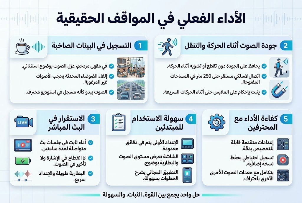 Create a clean professional Arabic infographic illustration in a 3:2 aspect ratio, full-bleed layout with no frame, using a modern tech style. Background: light white-to-soft-gray gradient with subtle blue accents, thin grid lines, and faint sound-wave patterns. Use bold Arabic sans-serif typography, with dark navy headings and blue accent highlights.

Top center: large bold title in Arabic text: "الأداء الفعلي في المواقف الحقيقية"

Below the title, arrange 5 wide horizontal section blocks in a balanced two-row layout with clear spacing, not a narrow vertical stack. Use numbered labels inside colored circles for each section. Each section should have a simple icon on the left, a bold subheading, and 2–3 short lines of Arabic body text.

Section 1, upper left: coffee cup and noise-wave icon. Subheading text: "1 التسجيل في البيئات الصاخبة"
Body text:
"في مقهى مزدحم، عزل الصوت بوضوح استثنائي."
"إلغاء الضوضاء المحدثة يحجب الأصوات غير المرغوبة."
"الصوت يبدو كأنه مسجل في استوديو محترف."
Add small visual elements of a busy café and a busy road with cars in the background.

Section 2, upper right: moving person and wireless signal icon. Subheading text: "2 جودة الصوت أثناء الحركة والتنقل"
Body text:
"يحافظ على الجودة دون تقطع أو تشويه أثناء الحركة."
"اتصال لاسلكي مستقر حتى 250 متر في المساحات المفتوحة."
"يثبت بإحكام على الملابس حتى أثناء الحركات السريعة."
Add small visual elements of a person walking upstairs and a strong magnetic clip.

Section 3, lower left: live broadcast camera icon. Subheading text: "3 الاستقرار في البث المباشر"
Body text:
"أداء ثابت في جلسات بث متواصلة لمدة ساعتين."
"لا انقطاع في الإشارة ولا تأخير في الصوت."
"البطارية طويلة والإعداد سريع."
Add small visual elements of a live streaming screen, battery icon, and synchronized audio/video wave lines.

Section 4, lower center: beginner-friendly checklist icon. Subheading text: "4 سهولة الاستخدام للمبتدئين"
Body text:
"الإعداد الأولي يتم في دقائق معدودة."
"الشاشة تعرض مستوى الصوت والبطارية بوضوح."
"التطبيق المجاني يشرح الخطوات بسهولة."
Add small visual elements of a simple device screen, few clear buttons, and a smartphone app interface.

Section 5, lower right: professional gear and settings icon. Subheading text: "5 كفاءة الأداء مع المحترفين"
Body text:
"إعدادات متقدمة قابلة للتخصيص بدقة."
"تسجيل احتياطي يحفظ نسخة إضافية."
"يتكامل مع معدات الصوت الأخرى باحتراف."
Add small visual elements of a mixer, backup recording symbol, and studio-quality audio gear.

Add a thin highlighted footer strip across the bottom with a short concluding line in Arabic text: "حل واحد يجمع بين القوة، الثبات، والسهولة"
Use blue, cyan, and dark navy as the main palette, with subtle green status accents. Keep all text crisp, legible, and aligned cleanly within each block. Include small checkmark markers beside key benefit phrases. Use polished infographic icons, soft shadows, and clear visual hierarchy.