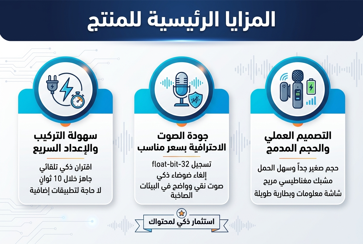 Create a clean professional Arabic infographic in a full-bleed 3:2 landscape layout, no borders, no inset frame, wide multi-section composition.

Top header across full width: bold Arabic title in large modern sans-serif font, white text on a dark navy banner with subtle blue gradient:
"المزايا الرئيسية للمنتج"

Below the title, divide the canvas into 3 equal horizontal feature panels or 3 wide columns with rounded cards, each with a distinct icon, bold subheading, and short supporting text. Use a modern tech style with blue, cyan, white, and light gray, plus small orange accent highlights.

Left section:
A circular icon of a plug and lightning bolt, with a small stopwatch symbol.
Bold subheading:
"سهولة التركيب والإعداد السريع"
Supporting text in smaller Arabic font:
"اقتران ذكي تلقائي"
"جاهز خلال 10 ثوانٍ"
"لا حاجة لتطبيقات إضافية"

Center section:
A circular icon of a microphone with clean audio waves and a shield/noise reduction symbol.
Bold subheading:
"جودة الصوت الاحترافية بسعر مناسب"
Supporting text in smaller Arabic font:
"تسجيل 32-bit float"
"إلغاء ضوضاء ذكي"
"صوت نقي وواضح في البيئات الصاخبة"

Right section:
A circular icon of a compact wireless mic, magnetic clip, battery, and signal bars.
Bold subheading:
"التصميم العملي والحجم المدمج"
Supporting text in smaller Arabic font:
"حجم صغير جداً وسهل الحمل"
"مشبك مغناطيسي مريح"
"شاشة معلومات وبطارية طويلة"

Add a thin comparison ribbon or badge near the center-bottom with a small star icon and the text:
"استثمار ذكي لمحتواك"

Add subtle background elements: faint circuit lines, audio wave patterns, and soft glow effects, keeping the layout uncluttered and premium. Use strong visual hierarchy, crisp Arabic typography, balanced spacing, and icon-led infographic styling.