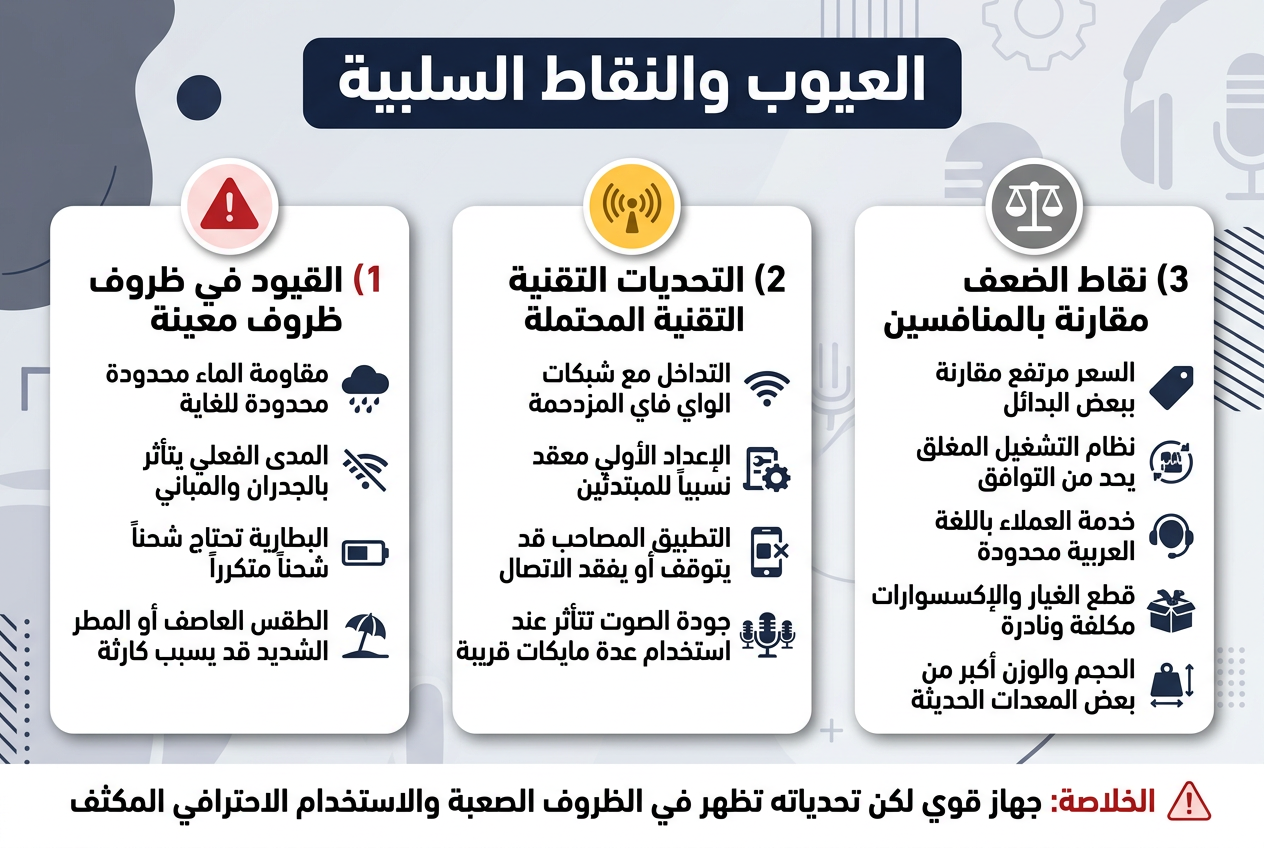 Create a clean professional Arabic infographic illustration in a 3:2 landscape aspect ratio, full-bleed layout, no frame, no margins, wide horizontal composition with 3 main columns and clear visual hierarchy. Use modern sans-serif Arabic typography, bold title, dark navy and white base with warning accents in red, orange, and gray. Add subtle tech/audio background shapes and line patterns.

Top center: large bold heading in white on a dark navy banner: "العيوب والنقاط السلبية"
Below the title, arrange 3 wide sections with numbered badges and icons, each section in a rounded rectangle card with a subtle shadow.

Left column card title with a red warning triangle icon: "1) القيود في ظروف معينة"
Include 4 short bullet points with small icons:
- Cloud/rain icon + text: "مقاومة الماء محدودة للغاية"
- Broken signal icon + text: "المدى الفعلي يتأثر بالجدران والمباني"
- Battery icon + text: "البطارية تحتاج شحناً متكرراً"
- Beach umbrella icon + text: "الطقس العاصف أو المطر الشديد قد يسبب كارثة"

Center column card title with a yellow signal/interference icon: "2) التحديات التقنية المحتملة"
Include 4 bullet points:
- Wi‑Fi waves icon + text: "التداخل مع شبكات الواي فاي المزدحمة"
- Setup/gear icon + text: "الإعداد الأولي معقد نسبياً للمبتدئين"
- App crash icon + text: "التطبيق المصاحب قد يتوقف أو يفقد الاتصال"
- Multiple microphones icon + text: "جودة الصوت تتأثر عند استخدام عدة مايكات قريبة"

Right column card title with a gray comparison icon: "3) نقاط الضعف مقارنة بالمنافسين"
Include 5 bullet points:
- Price tag icon + text: "السعر مرتفع مقارنة ببعض البدائل"
- Compatibility icon + text: "نظام التشغيل المغلق يحد من التوافق"
- Support headset icon + text: "خدمة العملاء باللغة العربية محدودة"
- Spare parts box icon + text: "قطع الغيار والإكسسوارات مكلفة ونادرة"
- Weight/dimension icon + text: "الحجم والوزن أكبر من بعض المعدات الحديثة"

Add a slim bottom strip spanning the full width with a caution icon and highlighted text in bold red: "الخلاصة: جهاز قوي لكن تحدياته تظهر في الظروف الصعبة والاستخدام الاحترافي المكثف"
Use clear spacing, aligned text, consistent icon style, and strong contrast for readability. Keep the layout balanced, organized, and infographic-like.