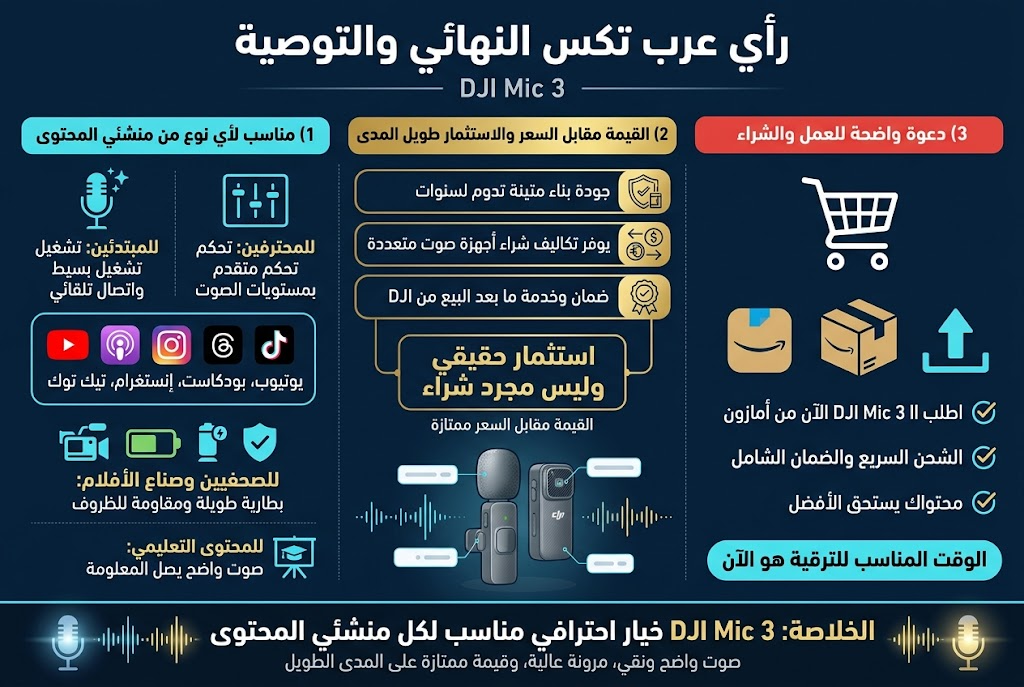 Create a clean professional Arabic infographic illustration in a 3:2 aspect ratio, full-bleed layout, wide horizontal composition, modern tech style, deep navy background with cyan, white, and gold accents, bold Arabic sans-serif typography, crisp vector icons, high contrast, polished premium look.

Top header across the full width:
Title in large bold Arabic text: "رأي عرب تكس النهائي والتوصية"
Subtitle beneath it in smaller text: "DJI Mic 3"

Main layout in 3 wide horizontal sections or 3 columns, with clear spacing and visual hierarchy:

Left section with a bold heading in a cyan box:
"1) مناسب لأي نوع من منشئي المحتوى"
Use 4 small icon bullets arranged horizontally or in a neat grid:
- A beginner creator icon with a simple microphone and sparkle icon next to text: "للمبتدئين: تشغيل بسيط واتصال تلقائي"
- A professional creator icon with sliders and waveform next to text: "للمحترفين: تحكم متقدم بمستويات الصوت"
- A YouTube play icon, podcast headphones icon, Instagram camera icon, and TikTok note icon grouped together next to text: "يوتيوب، بودكاست، إنستغرام، تيك توك"
- A journalist/documentary camera icon with battery icon and weather shield icon next to text: "للصحفيين وصناع الأفلام: بطارية طويلة ومقاومة للظروف"
- An education cap or presentation screen icon next to text: "للمحتوى التعليمي: صوت واضح يصل المعلومة"

Center section with a bold heading in a gold box:
"2) القيمة مقابل السعر والاستثمار طويل المدى"
Use 3 stacked horizontal benefit blocks with icons:
- A shield and durable device icon next to text: "جودة بناء متينة تدوم لسنوات"
- A money savings icon and comparison arrows next to text: "يوفر تكاليف شراء أجهزة صوت متعددة"
- A warranty badge icon next to text: "ضمان وخدمة ما بعد البيع من DJI"
Add a highlighted callout box in the center of this section with large text:
"استثمار حقيقي وليس مجرد شراء"
Add a small line beneath it:
"القيمة مقابل السعر ممتازة"

Right section with a bold heading in a red or cyan action box:
"3) دعوة واضحة للعمل والشراء"
Show a large shopping cart icon, Amazon-style delivery box icon, and upward arrow icon.
Include 3 short callout lines with check icons:
- "اطلب DJI Mic 3 الآن من أمازون"
- "الشحن السريع والضمان الشامل"
- "محتواك يستحق الأفضل"
Add a final emphasized CTA banner at the bottom of the right section:
"الوقت المناسب للترقية هو الآن"

Bottom strip spanning the full width:
Use a strong conclusion bar with a microphone waveform graphic and a glowing highlight:
"الخلاصة: DJI Mic 3 خيار احترافي مناسب لكل منشئي المحتوى"
Smaller supporting text beneath:
"صوت واضح ونقي، مرونة عالية، وقيمة ممتازة على المدى الطويل"

Include a large subtle product illustration of a wireless mic set near the center-bottom, with clean floating labels and waveform accents. Use neat icons, rounded boxes, clear section dividers, modern infographic style, no photo background, no clutter, no frame borders, no centered vertical poster layout.