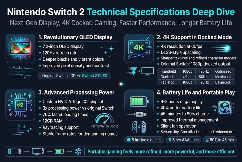 Create a full-bleed 3:2 landscape infographic in a clean modern tech style with a dark navy background, neon cyan, electric blue, white, and subtle red-orange accents. Use bold sans-serif typography with strong hierarchy, crisp icons, and a polished premium gaming aesthetic.

Top header across the full width:
Large bold title in white and cyan: "Nintendo Switch 2 Technical Specifications Deep Dive"
Subtitle beneath in smaller light gray text: "Next-Gen Display, 4K Docked Gaming, Faster Performance, Longer Battery Life"

Main layout: four wide horizontal sections arranged in a 2x2 grid with clear spacing, not a vertical poster. Each section should have a colored icon on the left, a bold section heading, and concise bullet points or callouts.

Section 1, upper left: Display
Use a glowing OLED screen icon with vivid game colors.
Heading: "1. Revolutionary OLED Display"
Bullets:
"7.2-inch OLED display"
"120Hz refresh rate"
"Deeper blacks and vibrant colors"
"Improved pixel density and contrast"
Add a small side comparison badge: "Original Switch LCD → Switch 2 OLED"

Section 2, upper right: Docked 4K Mode
Use a TV screen icon with a 4K label and motion lines.
Heading: "2. 4K Support in Docked Mode"
Bullets:
"4K resolution at 60fps"
"DLSS-style upscaling"
"Sharper textures and refined character models"
"Original Switch: 1080p docked output"
Add a small mini-table beneath with three rows and thin dividers:
"Handheld | 1080p | 120Hz | Optimized"
"Docked | 4K | 60Hz | Maximum"
"Tabletop | 1080p | 120Hz | Balanced"

Section 3, lower left: Performance
Use a chipset icon with glowing circuit lines and a small lightning bolt.
Heading: "3. Advanced Processing Power"
Bullets:
"Custom NVIDIA Tegra X2 chipset"
"3x processing power vs original Switch"
"70% faster loading times"
"12GB RAM"
"Ray tracing support"
"Stable frame rates for demanding games"
Add a small circular gauge graphic labeled: "Performance Boost"

Section 4, lower right: Battery and Portability
Use a battery icon, USB-C plug icon, and a small fan/thermometer icon.
Heading: "4. Battery Life and Portable Play"
Bullets:
"6–8 hours of gameplay"
"40% better battery life"
"45 minutes to 80% charge"
"Improved thermal management"
"Silent fan operation"
"Secure Joy-Con attachment and reduced drift"
Add three small horizontal stat badges:
"8 hrs indie games"
"6 hrs AAA titles"
"80% in 45 min"

Bottom strip across the full width:
A slim comparison bar with small icons for handheld, docked TV, battery, and cooling, plus a final highlight in bold cyan text:
"Portable gaming feels more refined, more powerful, and more efficient"

Design details:
Use subtle glow effects, thin divider lines, rounded info cards, and clean grid alignment. Include small gaming-themed decorative elements like circuit traces, pixel sparkles, and light streaks. Keep all text sharp and readable. No people, no scenery, no extra objects beyond the infographic elements.