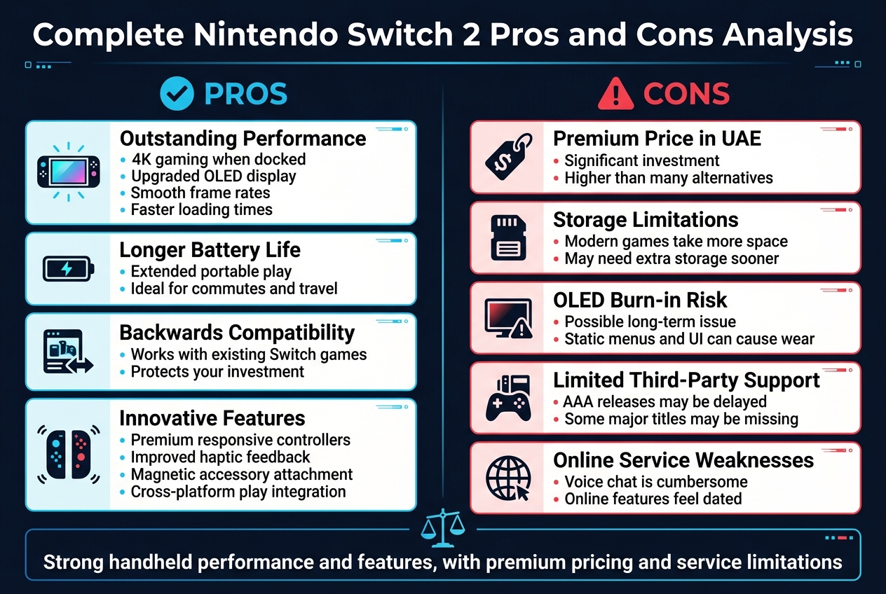 Create a clean, professional full-bleed infographic illustration in 3:2 aspect ratio with a modern gaming-tech style, dark navy background, neon blue, cyan, white, and red accent colors, bold sans-serif typography, and clear visual hierarchy.

Top header across the full width:
"Complete Nintendo Switch 2 Pros and Cons Analysis"

Below the title, place a wide two-column layout with a left “Pros” section in blue and a right “Cons” section in red, using icons and numbered blocks.

LEFT COLUMN: "PROS" with a blue checkmark icon
Use four stacked horizontal cards with small icons:
1. A handheld console icon with screen glow and text: "Outstanding Performance"
   Include smaller bullet text:
   "4K gaming when docked"
   "Upgraded OLED display"
   "Smooth frame rates"
   "Faster loading times"
2. A battery icon with text: "Longer Battery Life"
   Smaller bullet text:
   "Extended portable play"
   "Ideal for commutes and travel"
3. A game library icon with arrows and text: "Backwards Compatibility"
   Smaller bullet text:
   "Works with existing Switch games"
   "Protects your investment"
4. A Joy-Con controller icon with magnetic symbols and text: "Innovative Features"
   Smaller bullet text:
   "Premium responsive controllers"
   "Improved haptic feedback"
   "Magnetic accessory attachment"
   "Cross-platform play integration"

RIGHT COLUMN: "CONS" with a red warning triangle icon
Use five stacked horizontal cards with small icons:
1. A price tag icon with text: "Premium Price in UAE"
   Smaller bullet text:
   "Significant investment"
   "Higher than many alternatives"
2. A storage chip icon with text: "Storage Limitations"
   Smaller bullet text:
   "Modern games take more space"
   "May need extra storage sooner"
3. A screen icon with a burn-in warning symbol and text: "OLED Burn-in Risk"
   Smaller bullet text:
   "Possible long-term issue"
   "Static menus and UI can cause wear"
4. A game controller/library icon with text: "Limited Third-Party Support"
   Smaller bullet text:
   "AAA releases may be delayed"
   "Some major titles may be missing"
5. A globe/network icon with text: "Online Service Weaknesses"
   Smaller bullet text:
   "Voice chat is cumbersome"
   "Online features feel dated"

Add a bottom summary band spanning the full width with a balanced scale icon in the center and the text:
"Strong handheld performance and features, with premium pricing and service limitations"

Use clean spacing, aligned cards, subtle gradients, thin divider lines, and small decorative gaming UI elements. Keep the layout wide and balanced, not vertical, with the pros and cons clearly separated.