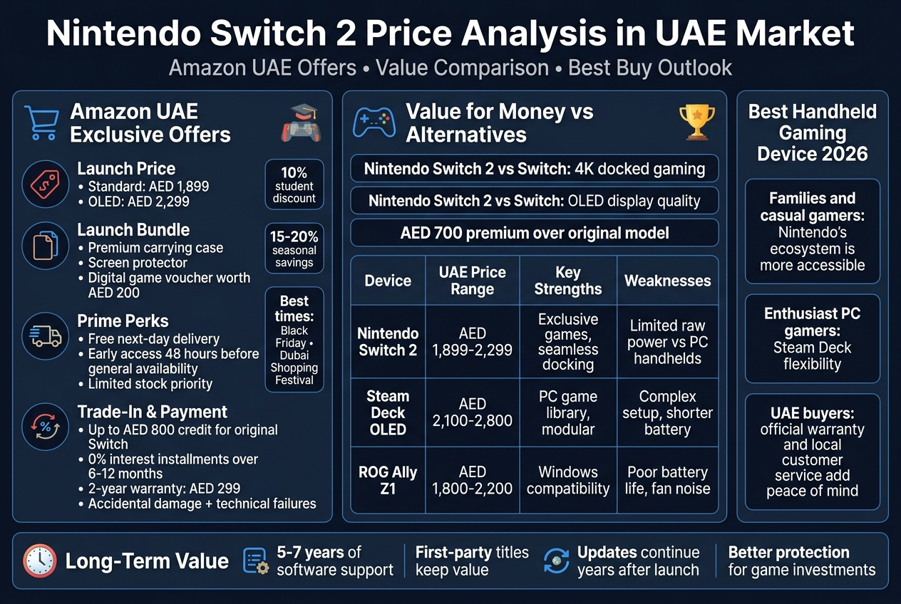 Create a clean professional landscape infographic in 3:2 aspect ratio, full-bleed, with a modern tech/gaming style, dark navy background with electric blue, red, white, and gold accents, bold sans-serif typography, clear hierarchy, and wide multi-column sections.

Top header across full width:
Title in large bold text: "Nintendo Switch 2 Price Analysis in UAE Market"
Subtitle in smaller text: "Amazon UAE Offers • Value Comparison • Best Buy Outlook"

Main layout: three wide horizontal sections with icons and boxed content.

Left section titled "Amazon UAE Exclusive Offers" with a shopping cart icon and four icon callouts:
1. "Launch Price"
   Text: "Standard: AED 1,899"
   Text: "OLED: AED 2,299"
2. "Launch Bundle"
   Text: "Premium carrying case"
   Text: "Screen protector"
   Text: "Digital game voucher worth AED 200"
3. "Prime Perks"
   Text: "Free next-day delivery"
   Text: "Early access 48 hours before general availability"
   Text: "Limited stock priority"
4. "Trade-In & Payment"
   Text: "Up to AED 800 credit for original Switch"
   Text: "0% interest installments over 6-12 months"
   Text: "2-year warranty: AED 299"
   Text: "Accidental damage + technical failures"

Add small badges beside this section:
"10% student discount"
"15-20% seasonal savings"
"Best times: Black Friday • Dubai Shopping Festival"

Center section titled "Value for Money vs Alternatives" with a game controller icon and a bold comparison table. Include columns exactly as follows:
"Device"
"UAE Price Range"
"Key Strengths"
"Weaknesses"

Rows:
"Nintendo Switch 2 | AED 1,899-2,299 | Exclusive games, seamless docking | Limited raw power vs PC handhelds"
"Steam Deck OLED | AED 2,100-2,800 | PC game library, modular | Complex setup, shorter battery"
"ROG Ally Z1 | AED 1,800-2,200 | Windows compatibility | Poor battery life, fan noise"

Above the table add two bold callout boxes:
"Nintendo Switch 2 vs Switch: 4K docked gaming"
"Nintendo Switch 2 vs Switch: OLED display quality"
"AED 700 premium over original model"

Right section titled "Best Handheld Gaming Device 2026" with a trophy icon and three stacked verdict cards:
"Families and casual gamers: Nintendo’s ecosystem is more accessible"
"Enthusiast PC gamers: Steam Deck flexibility"
"UAE buyers: official warranty and local customer service add peace of mind"

Bottom wide strip titled "Long-Term Value" with a clock and software update icons:
"5-7 years of software support"
"First-party titles keep value"
"Updates continue years after launch"
"Better protection for game investments"

Use clear section dividers, small decorative gaming icons, and a polished data-driven infographic style. Keep all text crisp, readable, and aligned in neat blocks.