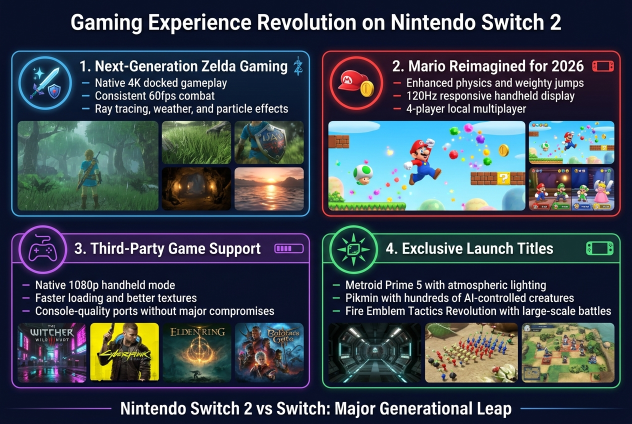 Aspect ratio 3:2, full-bleed professional infographic, clean futuristic gaming style, dark navy background with neon red, blue, green, and purple accents, crisp sans-serif fonts, bold white title at the top centered: "Gaming Experience Revolution on Nintendo Switch 2"

Below the title, create four wide horizontal feature blocks arranged in a 2x2 grid with clear visual separation, each block with a large numbered circle icon and a small game-themed symbol.

Top left block: blue accent, icon of a glowing sword and shield, heading text: "1. Next-Generation Zelda Gaming" and three short bullet lines:
- "Native 4K docked gameplay"
- "Consistent 60fps combat"
- "Ray tracing, weather, and particle effects"
Include visual scenes of Link in a rain-soaked forest, detailed grass, reflections on a shield, cave lighting, and sunset water reflections.

Top right block: red accent, icon of a cap and coin, heading text: "2. Mario Reimagined for 2026" and three short bullet lines:
- "Enhanced physics and weighty jumps"
- "120Hz responsive handheld display"
- "4-player local multiplayer"
Include Mario jumping through bright platform levels with colorful power-up particles and four-player co-op characters on one screen.

Bottom left block: purple accent, icon of a controller and loading bar, heading text: "3. Third-Party Game Support" and three short bullet lines:
- "Native 1080p handheld mode"
- "Faster loading and better textures"
- "Console-quality ports without major compromises"
Include visual callouts for "The Witcher 3", "Cyberpunk 2077", "Elden Ring", and "Baldur's Gate 3" with neon city reflections and fantasy combat imagery.

Bottom right block: green accent, icon of a starburst and handheld console, heading text: "4. Exclusive Launch Titles" and three short bullet lines:
- "Metroid Prime 5 with atmospheric lighting"
- "Pikmin with hundreds of AI-controlled creatures"
- "Fire Emblem Tactics Revolution with large-scale battles"
Include visual mini-scenes of a sci-fi corridor, many tiny creatures moving in formation, and a tactical battlefield map.

Add a slim footer ribbon across the bottom with centered bold text: "Nintendo Switch 2 vs Switch: Major Generational Leap"
Use clean icons, high contrast, sharp edges, subtle glow effects, balanced spacing, and a polished gaming-tech infographic layout with no inset margins.
