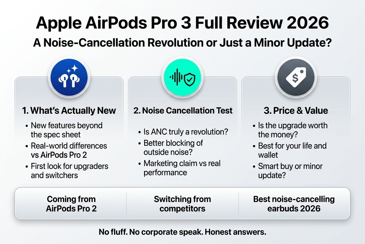 Create a full-bleed, clean modern infographic in a 3:2 aspect ratio with a premium Apple-inspired aesthetic: white background, soft silver and light gray panels, accents in deep blue and neon teal, subtle shadows, crisp sans-serif typography, strong visual hierarchy, wide horizontal layout with no vertical poster framing.

Top center: large bold title text exactly: "Apple AirPods Pro 3 Full Review 2026"  
Directly below in smaller bold subtitle text exactly: "A Noise-Cancellation Revolution or Just a Minor Update?"

Arrange the infographic in three wide horizontal sections across the middle, each in its own rounded rectangular block with an icon and numbered heading:

Left section: a blue circular icon with a sparkle and earbuds symbol. Heading text exactly: "1. What’s Actually New"  
Add short bullet-style lines beneath:
"• New features beyond the spec sheet"
"• Real-world differences vs AirPods Pro 2"
"• First look for upgraders and switchers"

Center section: a teal circular icon with a soundwave and shield symbol. Heading text exactly: "2. Noise Cancellation Test"  
Add short bullet-style lines beneath:
"• Is ANC truly a revolution?"
"• Better blocking of outside noise?"
"• Marketing claim vs real performance"

Right section: a dark gray circular icon with a price tag and dollar sign symbol. Heading text exactly: "3. Price & Value"  
Add short bullet-style lines beneath:
"• Is the upgrade worth the money?"
"• Best for your life and wallet"
"• Smart buy or minor update?"

Bottom full-width banner panel with a small comparison-style layout and three compact callout boxes:
Left callout text exactly: "Coming from AirPods Pro 2"
Middle callout text exactly: "Switching from competitors"
Right callout text exactly: "Best noise-cancelling earbuds 2026"

Add a small concluding line centered near the bottom in bold text exactly: "No fluff. No corporate speak. Honest answers."

Use clean iconography, clear section labels, balanced spacing, professional editorial infographic style, high contrast, readable typography, and polished tech-review visuals.