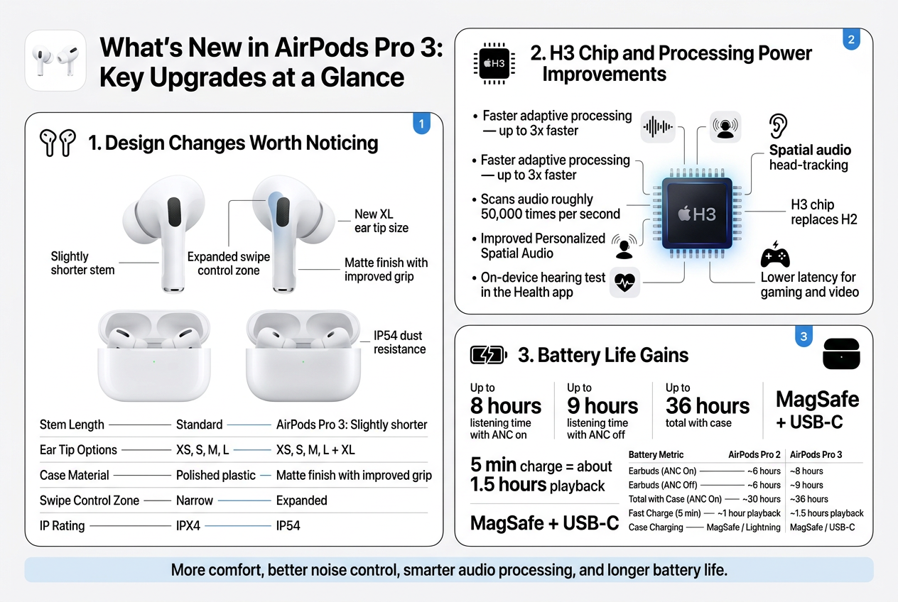 Create a full-bleed professional infographic in a 3:2 landscape layout about Apple AirPods Pro 3, with a clean modern Apple-inspired style, white background, black and charcoal text, subtle blue and silver accents, and thin divider lines. Use a bold sans-serif headline at the top left: "What's New in AirPods Pro 3: Key Upgrades at a Glance". Place a small sleek AirPods Pro icon near the title.

Below the title, organize the content into three wide horizontal sections with numbered labels, icons, and comparison blocks:

1) Left upper section titled "1. Design Changes Worth Noticing" with a minimalist earbuds icon. Show a side-by-side visual comparison of two earbuds and two cases. Include short callout labels:
- "Slightly shorter stem"
- "Expanded swipe control zone"
- "New XL ear tip size"
- "Matte finish with improved grip"
- "IP54 dust resistance"

Add a compact comparison strip with these exact labels and values:
"Stem Length" — "AirPods Pro 2: Standard" | "AirPods Pro 3: Slightly shorter"
"Ear Tip Options" — "AirPods Pro 2: XS, S, M, L" | "AirPods Pro 3: XS, S, M, L + XL"
"Case Material" — "AirPods Pro 2: Polished plastic" | "AirPods Pro 3: Matte finish with improved grip"
"Swipe Control Zone" — "AirPods Pro 2: Narrow" | "AirPods Pro 3: Expanded"
"IP Rating" — "AirPods Pro 2: IPX4" | "AirPods Pro 3: IP54"

2) Center section titled "2. H3 Chip and Processing Power Improvements" with a glowing chip icon labeled "H3". Show a central processor graphic connected to four small feature icons: noise cancellation waves, spatial audio head-tracking, hearing health heart/ear icon, and gaming latency lightning icon. Include these exact bullets:
"Faster adaptive processing — up to 3x faster"
"Scans audio roughly 50,000 times per second"
"Improved Personalized Spatial Audio"
"On-device hearing test in the Health app"
"Lower latency for gaming and video"

Add a small comparison note beside the chip graphic:
"H3 chip replaces H2"

3) Right lower section titled "3. Battery Life Gains" with a battery icon and charging case icon. Use a bold stat panel with large numbers and small labels:
"Up to 8 hours listening time with ANC on"
"Up to 9 hours listening time with ANC off"
"Up to 36 hours total with case"
"5 min charge = about 1.5 hours playback"
"MagSafe + USB-C"

Include a small comparison table with exact text:
"Battery Metric"
"AirPods Pro 2"
"AirPods Pro 3"
"Earbuds (ANC On) — ~6 hours | ~8 hours"
"Earbuds (ANC Off) — ~6 hours | ~9 hours"
"Total with Case (ANC On) — ~30 hours | ~36 hours"
"Fast Charge (5 min) — ~1 hour playback | ~1.5 hours playback"
"Case Charging — MagSafe / Lightning | MagSafe / USB-C"

At the bottom, add a thin highlighted footer banner with this exact line:
"More comfort, better noise control, smarter audio processing, and longer battery life."

Use clear visual hierarchy, bold section headers, rounded rectangles for each section, small blue accent numbers, and neat alignment across the wide canvas. No poster frame, no vertical stacking, no extra text beyond the specified wording.