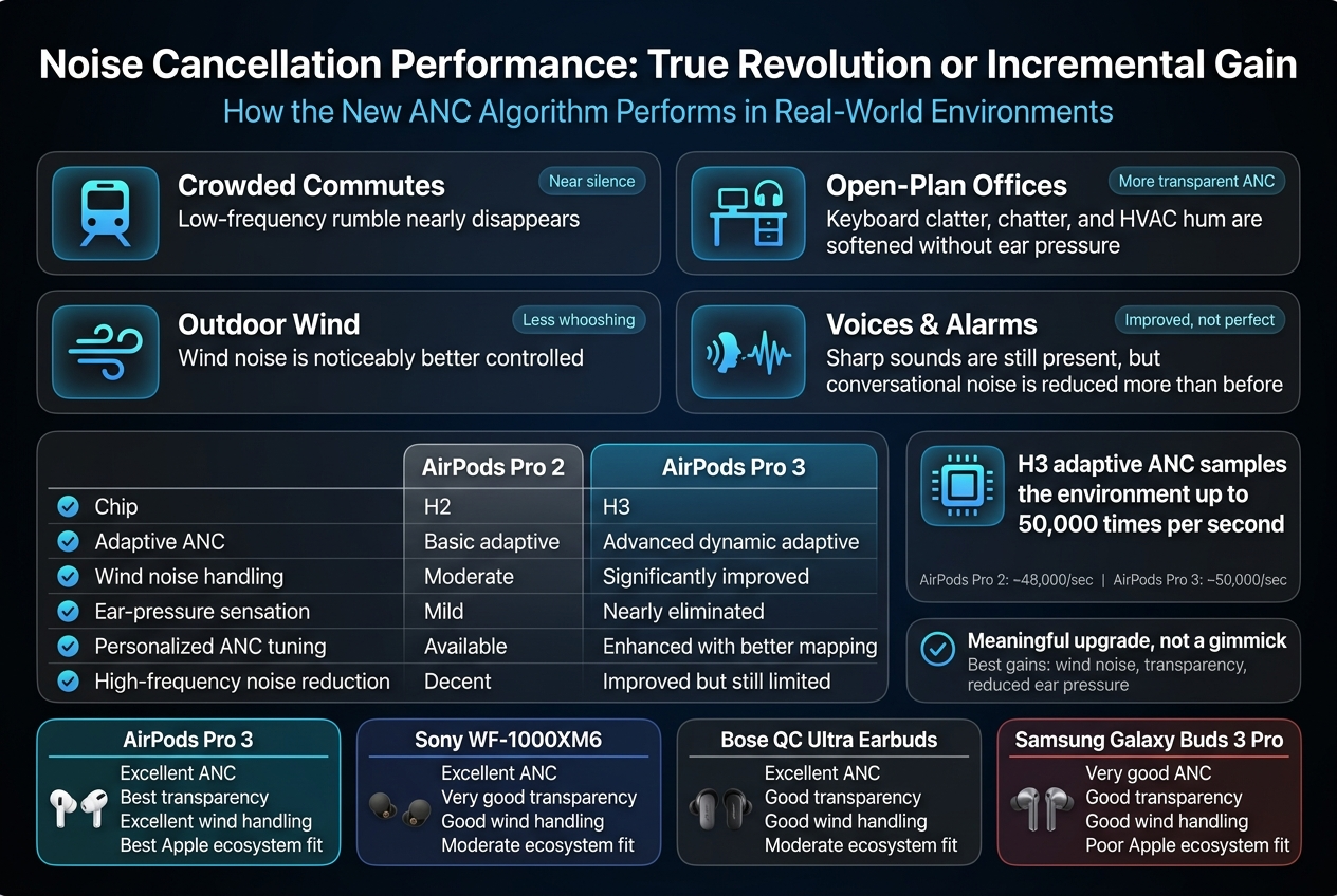 Create a clean, modern full-bleed infographic in a 3:2 aspect ratio with a dark navy-to-black background, Apple-style minimal tech aesthetic, crisp white typography, cyan and electric blue accents, and subtle gradient highlights. Use a wide horizontal layout with 3 main content bands and clear visual hierarchy. Place a bold top headline centered across the full width.

Top title area:
Large bold heading in white: "Noise Cancellation Performance: True Revolution or Incremental Gain"
Smaller subtitle beneath in light blue: "How the New ANC Algorithm Performs in Real-World Environments"

Main center section: four wide environment cards arranged in a 2x2 grid across the middle, each with a distinct icon and short text block.
1) Left top card with subway/train icon, label in bold: "Crowded Commutes"
Text: "Low-frequency rumble nearly disappears"
Small badge: "Near silence"
2) Right top card with office desk and headphones icon, label in bold: "Open-Plan Offices"
Text: "Keyboard clatter, chatter, and HVAC hum are softened without ear pressure"
Small badge: "More transparent ANC"
3) Left bottom card with wind swirl icon, label in bold: "Outdoor Wind"
Text: "Wind noise is noticeably better controlled"
Small badge: "Less whooshing"
4) Right bottom card with voice and alarm wave icons, label in bold: "Voices & Alarms"
Text: "Sharp sounds are still present, but conversational noise is reduced more than before"
Small badge: "Improved, not perfect"

Across the center or upper-middle, place a horizontal performance banner with a chip icon and bold text:
"H3 adaptive ANC samples the environment up to 50,000 times per second"
Add a smaller comparison note beneath:
"AirPods Pro 2: ~48,000/sec   |   AirPods Pro 3: ~50,000/sec"

Lower middle section: a side-by-side comparison table in a sleek glass-panel style with two columns titled "AirPods Pro 2" and "AirPods Pro 3". Include rows with simple check icons and concise labels:
"Chip" — "H2" | "H3"
"Adaptive ANC" — "Basic adaptive" | "Advanced dynamic adaptive"
"Wind noise handling" — "Moderate" | "Significantly improved"
"Ear-pressure sensation" — "Mild" | "Nearly eliminated"
"Personalized ANC tuning" — "Available" | "Enhanced with better mapping"
"High-frequency noise reduction" — "Decent" | "Improved but still limited"

Bottom section: a competitor comparison strip with four rounded columns and brand-colored accents, using small earbud icons:
"AirPods Pro 3" — "Excellent ANC" / "Best transparency" / "Excellent wind handling" / "Best Apple ecosystem fit"
"Sony WF-1000XM6" — "Excellent ANC" / "Very good transparency" / "Good wind handling" / "Moderate ecosystem fit"
"Bose QC Ultra Earbuds" — "Excellent ANC" / "Good transparency" / "Good wind handling" / "Moderate ecosystem fit"
"Samsung Galaxy Buds 3 Pro" — "Very good ANC" / "Good transparency" / "Good wind handling" / "Poor Apple ecosystem fit"

Add a small emphasized callout box near the lower right with a checkmark icon and bold text:
"Meaningful upgrade, not a gimmick"
Smaller text beneath:
"Best gains: wind noise, transparency, reduced ear pressure"

Use clean sans-serif fonts, bold section labels, thin divider lines, subtle glow around icons, and balanced spacing. Keep all text legible and aligned in a wide infographic composition. No borders, no poster frame, no centered vertical stack.