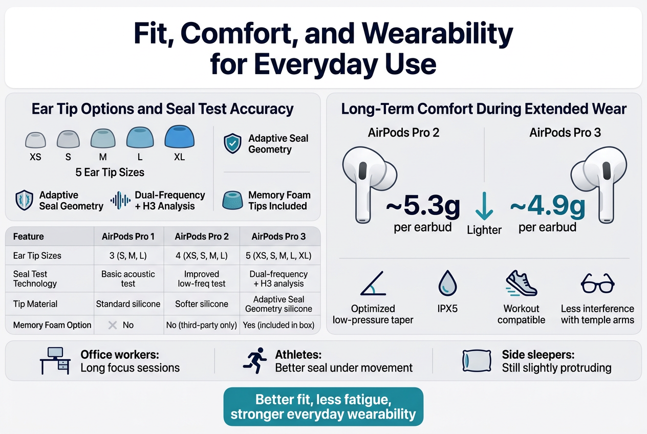 Create a full-bleed landscape infographic in a 3:2 aspect ratio with a clean modern Apple-style aesthetic, white background with subtle light gray panels, blue and teal accents, and bold dark navy typography. Use a wide multi-section layout, not a vertical poster.

Top center: a large bold heading in dark navy text: "Fit, Comfort, and Wearability for Everyday Use"

Below the heading, split the canvas into two wide horizontal content bands.

LEFT TOP SECTION: "Ear Tip Options and Seal Test Accuracy"
Include a row of five earbud tip icons labeled "XS", "S", "M", "L", "XL" with the title "5 Ear Tip Sizes". Use small silicone tip illustrations in a gradient from light gray to blue.
Add three compact feature callouts with icons:
- a shield icon with the text "Adaptive Seal Geometry"
- a waveform/microphone icon with the text "Dual-Frequency + H3 Analysis"
- a foam tip icon with the text "Memory Foam Tips Included"

Add a small comparison table beneath with three columns and four rows, styled as a clean infographic table:
Header row text: "Feature | AirPods Pro 1 | AirPods Pro 2 | AirPods Pro 3"
Row 1: "Ear Tip Sizes | 3 (S, M, L) | 4 (XS, S, M, L) | 5 (XS, S, M, L, XL)"
Row 2: "Seal Test Technology | Basic acoustic test | Improved low-freq test | Dual-frequency + H3 analysis"
Row 3: "Tip Material | Standard silicone | Softer silicone | Adaptive Seal Geometry silicone"
Row 4: "Memory Foam Option | No | No (third-party only) | Yes (included in box)"
Use small checkmarks and X icons in the table cells where appropriate.

RIGHT TOP SECTION: "Long-Term Comfort During Extended Wear"
Show a side-by-side comparison with two earbud illustrations and labels:
Left label: "AirPods Pro 2"
Right label: "AirPods Pro 3"
Place a prominent weight comparison in large text between them:
"~5.3g per earbud" on the left and "~4.9g per earbud" on the right
Add a downward arrow between them labeled "Lighter"

Below that, use four comfort icons in a row with short labels:
- a tilted stem/angle icon with text "Optimized low-pressure taper"
- a droplet icon with text "IPX5"
- a running shoe icon with text "Workout compatible"
- a glasses icon with text "Less interference with temple arms"

Bottom wide band across the full width: a three-part user use-case strip with icons and short captions
Left: office desk icon and text "Office workers: Long focus sessions"
Center: runner icon and text "Athletes: Better seal under movement"
Right: side-profile pillow icon and text "Side sleepers: Still slightly protruding"

Include a highlighted summary badge near the bottom center in teal with white text:
"Better fit, less fatigue, stronger everyday wearability"

Use clear section headers, neat alignment, thin divider lines, and consistent icon style. Make the overall infographic feel polished, premium, and easy to scan, with strong visual hierarchy and no extra text beyond what is listed.
