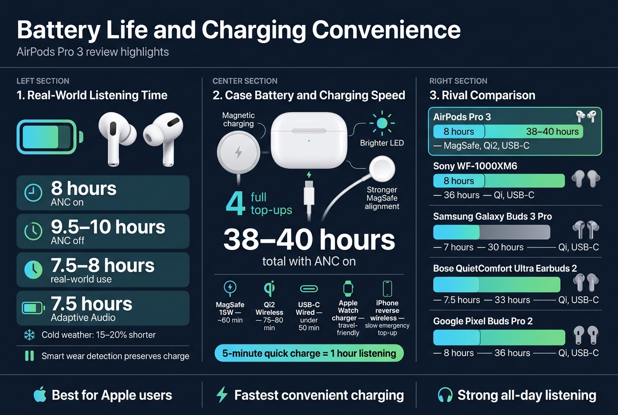 Create a clean, professional infographic illustration in a 3:2 aspect ratio with a full-bleed layout, wide horizontal composition, no poster frame, no inset margins, and no narrow centered vertical stack. Use a modern Apple-style design with dark navy background, white text, cyan and green accent colors, subtle gradients, and crisp sans-serif typography.

Top header across the full width:
Bold title text: "Battery Life and Charging Convenience"
Small subtitle below: "AirPods Pro 3 review highlights"

Main layout: three wide horizontal sections with clear visual hierarchy.

LEFT SECTION: "1. Real-World Listening Time"
Place a large battery icon and AirPods earbuds illustration. Add four stacked metric blocks with small clock and battery icons:
- "8 hours ANC on"
- "9.5–10 hours ANC off"
- "7.5–8 hours real-world use"
- "7.5 hours Adaptive Audio"
Add a small note line with a snowflake icon:
"Cold weather: 15–20% shorter"
Add a small pause/wear-detection icon note:
"Smart wear detection preserves charge"

CENTER SECTION: "2. Case Battery and Charging Speed"
Place a charging case illustration with magnetic charging pad, USB-C cable, and Apple Watch charger icons arranged around it. Add a prominent large number:
"4 full top-ups"
Below it, bold total battery text:
"38–40 hours total with ANC on"
Add a row of five compact charging method labels with icons:
"MagSafe 15W — ~60 min"
"Qi2 Wireless — 75–80 min"
"USB-C Wired — under 50 min"
"Apple Watch charger — travel-friendly"
"iPhone reverse wireless — slow emergency top-up"
Add a highlighted callout badge:
"5-minute quick charge = 1 hour listening"
Add small LED and magnet visual callouts:
"Brighter LED"
"Stronger MagSafe alignment"

RIGHT SECTION: "3. Rival Comparison"
Create a clean comparison table with horizontal bars and small earbud icons for each brand. Include these rows exactly:
"AirPods Pro 3 — 8 hours — 38–40 hours — MagSafe, Qi2, USB-C"
"Sony WF-1000XM6 — 8 hours — 36 hours — Qi, USB-C"
"Samsung Galaxy Buds 3 Pro — 7 hours — 30 hours — Qi, USB-C"
"Bose QuietComfort Ultra Earbuds 2 — 7.5 hours — 33 hours — Qi, USB-C"
"Google Pixel Buds Pro 2 — 8 hours — 36 hours — Qi, USB-C"
Use color-coded bars to show relative total battery capacity, with AirPods Pro 3 highlighted in cyan/green.

Bottom strip across the full width with three concise takeaway badges and icons:
"Best for Apple users"
"Fastest convenient charging"
"Strong all-day listening"

Use clear section dividers, balanced spacing, and bold numeric emphasis. Keep all text highly legible, with icons next to each key metric.