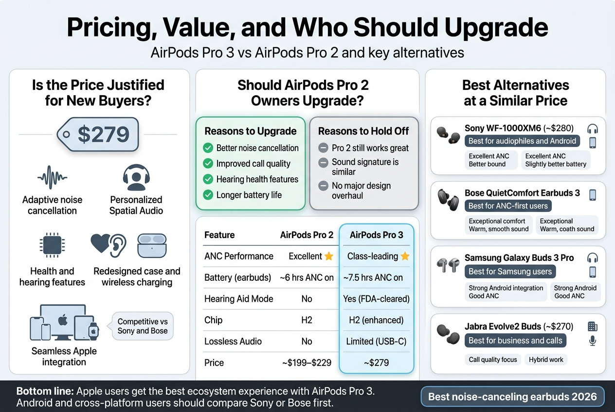 Create a clean, professional full-bleed infographic illustration in landscape 3:2 aspect ratio, with a modern Apple-like premium tech aesthetic, white background with soft blue, graphite, and silver accents, bold sans-serif typography, crisp icons, and strong visual hierarchy.

TOP HEADER AREA:
Large bold title centered across the top: "Pricing, Value, and Who Should Upgrade"
Subtitle beneath in smaller text: "AirPods Pro 3 vs AirPods Pro 2 and key alternatives"

MAIN LAYOUT: three wide horizontal content sections across the page, using multi-column blocks and comparison cards, not a vertical poster layout.

SECTION 1 — LEFT/UPPER BLOCK:
Heading: "Is the Price Justified for New Buyers?"
Show a large price tag icon with "$279" in a prominent rounded badge.
Include five feature icons with short labels in a neat grid:
- a noise-canceling wave icon with text: "Adaptive noise cancellation"
- a spatial audio headset icon with text: "Personalized Spatial Audio"
- a chip icon with text: "H2 chip improvements"
- a heart and ear icon with text: "Health and hearing features"
- a charging case icon with text: "Redesigned case and wireless charging"
Add a small Apple ecosystem icon cluster with iPhone, iPad, Mac, and Apple Watch connected by lines, labeled: "Seamless Apple integration"
Include a small comparison price note in a callout bubble: "Competitive vs Sony and Bose"

SECTION 2 — CENTER BLOCK:
Heading: "Should AirPods Pro 2 Owners Upgrade?"
Split into two side-by-side cards with contrasting color accents.

Left card titled: "Reasons to Upgrade" with green check icons:
- "Better noise cancellation"
- "Improved call quality"
- "Hearing health features"
- "Longer battery life"

Right card titled: "Reasons to Hold Off" with gray minus icons:
- "Pro 2 still works great"
- "Sound signature is similar"
- "No major design overhaul"

Below the two cards, place a simple comparison table with clean lines and 2 columns:
Header row: "Feature | AirPods Pro 2 | AirPods Pro 3"
Rows:
"ANC Performance | Excellent | Class-leading"
"Battery (earbuds) | ~6 hrs ANC on | ~7.5 hrs ANC on"
"Hearing Aid Mode | No | Yes (FDA-cleared)"
"Chip | H2 | H2 (enhanced)"
"Lossless Audio | No | Limited (USB-C)"
"Price | ~$199–$229 | ~$279"
Use small star icons next to the performance rows.

SECTION 3 — RIGHT/LOWER BLOCK:
Heading: "Best Alternatives at a Similar Price"
Create four horizontal competitor cards with brand-colored accent strips and product icons:
1. "Sony WF-1000XM6 (~$280)" with labels: "Best for audiophiles and Android" and small notes: "Excellent ANC", "Slightly better battery"
2. "Bose QuietComfort Earbuds 3 (~$299)" with labels: "Best for ANC-first users" and small notes: "Exceptional comfort", "Warm, smooth sound"
3. "Samsung Galaxy Buds 3 Pro (~$249)" with labels: "Best for Samsung users" and small notes: "Strong Android integration", "Good ANC"
4. "Jabra Evolve2 Buds (~$270)" with labels: "Best for business and calls" and small notes: "Call quality focus", "Hybrid work"
Add small headphone, phone, office, and microphone icons beside each card.

BOTTOM SUMMARY STRIP ACROSS FULL WIDTH:
Dark graphite banner with white text:
"Bottom line: Apple users get the best ecosystem experience with AirPods Pro 3. Android and cross-platform users should compare Sony or Bose first."
Add a final highlighted badge on the right: "Best noise-canceling earbuds 2026"

VISUAL STYLE:
- Clean premium tech infographic
- Balanced spacing, aligned cards, clear iconography
- No people, no clutter, no decorative frame
- Use rounded rectangles, subtle shadows, thin divider lines
- Emphasize the AirPods Pro 3 card with a light blue glow or accent border
- Keep all text fully legible and exact as written
