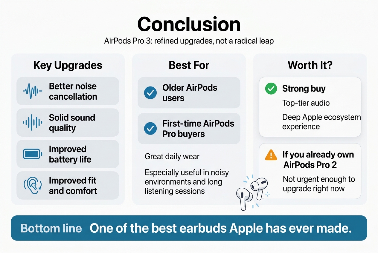 Create a full-bleed 3:2 infographic in a clean Apple-style editorial design, with a white background, subtle light-gray panels, and blue accent colors, using modern sans-serif fonts with bold hierarchy.

Top full-width header:
Large bold title centered near the top: "Conclusion"
Small subtitle beneath it: "AirPods Pro 3: refined upgrades, not a radical leap"

Main body in a wide 3-column horizontal layout with rounded rectangular sections and simple line icons:

Left section title: "Key Upgrades"
Use four stacked bullet rows with blue icons:
- a noise-wave icon with the text "Better noise cancellation"
- a sound-wave icon with the text "Solid sound quality"
- a battery icon with the text "Improved battery life"
- a comfort/earbud icon with the text "Improved fit and comfort"

Center section title: "Best For"
Use two highlighted blocks with check icons:
- "Older AirPods users"
- "First-time AirPods Pro buyers"
Add smaller supporting text below in medium gray:
"Great daily wear"
"Especially useful in noisy environments and long listening sessions"

Right section title: "Worth It?"
Use two comparison cards with contrasting icons:
Green check card:
"Strong buy"
"Top-tier audio"
"Deep Apple ecosystem experience"
Orange caution card:
"If you already own AirPods Pro 2"
"Not urgent enough to upgrade right now"

Bottom full-width summary bar with a bold accent background:
Text at left: "Bottom line"
Main sentence in larger white text: "One of the best earbuds Apple has ever made."

Include small minimalist AirPods Pro 3 earbuds illustration near the center-right, with subtle glow accents, and clean spacing between sections. Use balanced margins, wide horizontal composition, crisp typography, and professional infographic styling.