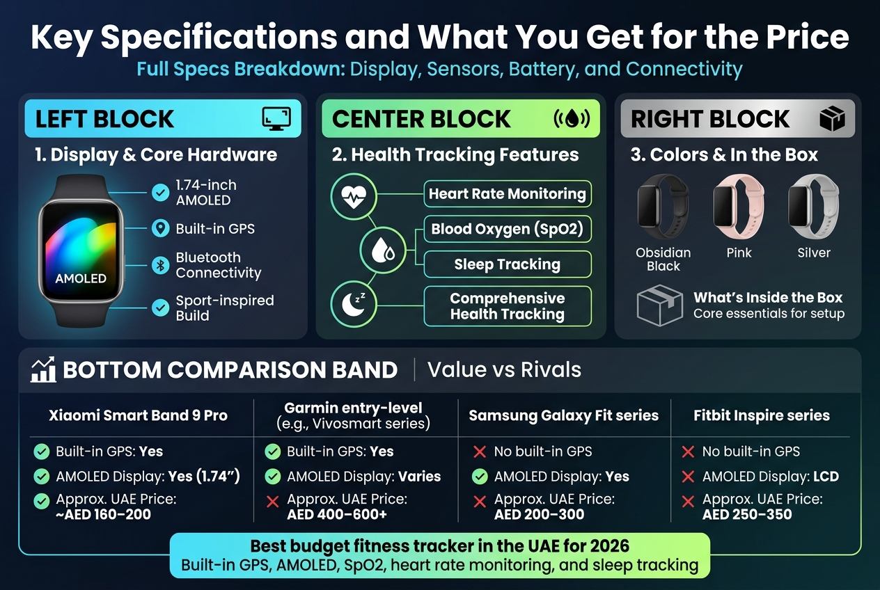 Create a clean, modern infographic in a full-bleed 3:2 landscape layout with a tech-fitness aesthetic. Use a dark navy-to-black background with cyan, white, lime, and silver accents. Use bold sans-serif typography, strong visual hierarchy, and wide horizontal sections instead of a vertical poster layout.

Top banner across the full width:
Large bold heading in white: "Key Specifications and What You Get for the Price"
Smaller subtitle beneath in cyan: "Full Specs Breakdown: Display, Sensors, Battery, and Connectivity"

Main content arranged in three wide horizontal blocks:

LEFT BLOCK:
Title in cyan with a small display icon: "1. Display & Core Hardware"
Place a large smartwatch illustration showing a bright AMOLED screen.
Add short bullet-style callouts with small check icons:
"1.74-inch AMOLED"
"Built-in GPS"
"Bluetooth Connectivity"
"Sport-inspired Build"

CENTER BLOCK:
Title in green with sensor icons: "2. Health Tracking Features"
Show three circular icons connected by thin lines: heart icon, SpO2 droplet icon, sleep moon icon.
Add bold labels in stacked boxes:
"Heart Rate Monitoring"
"Blood Oxygen (SpO2)"
"Sleep Tracking"
"Comprehensive Health Tracking"

RIGHT BLOCK:
Title in silver with a box icon: "3. Colors & In the Box"
Show three color swatches or band renderings labeled:
"Obsidian Black"
"Pink"
"Silver"
Below them, a small minimalist box graphic with text:
"What's Inside the Box"
"Core essentials for setup"

BOTTOM COMPARISON BAND spanning the full width:
Title in white with a comparison chart icon: "Value vs Rivals"
Create a clean comparison table with four columns and bold brand names. Use checkmarks and X marks. Include exact text:
"Xiaomi Smart Band 9 Pro"
"Built-in GPS: Yes"
"AMOLED Display: Yes (1.74")"
"Approx. UAE Price: ~AED 160–200"

"Garmin entry-level (e.g., Vivosmart series)"
"Built-in GPS: Yes"
"AMOLED Display: Varies"
"Approx. UAE Price: AED 400–600+"

"Samsung Galaxy Fit series"
"Built-in GPS: No built-in GPS"
"AMOLED Display: Yes"
"Approx. UAE Price: AED 200–300"

"Fitbit Inspire series"
"Built-in GPS: No built-in GPS"
"AMOLED Display: LCD"
"Approx. UAE Price: AED 250–350"

Add a bold highlighted callout bar at the bottom center in cyan and lime:
"Best budget fitness tracker in the UAE for 2026"
"Built-in GPS, AMOLED, SpO2, heart rate monitoring, and sleep tracking"

Use clean iconography: display screen icon, GPS pin icon, Bluetooth icon, heart icon, SpO2 droplet icon, moon/sleep icon, color swatches, and comparison checkmarks. Keep the layout spacious, premium, and easy to scan. No borders around the entire poster, no narrow centered column, no extra text beyond what is specified.